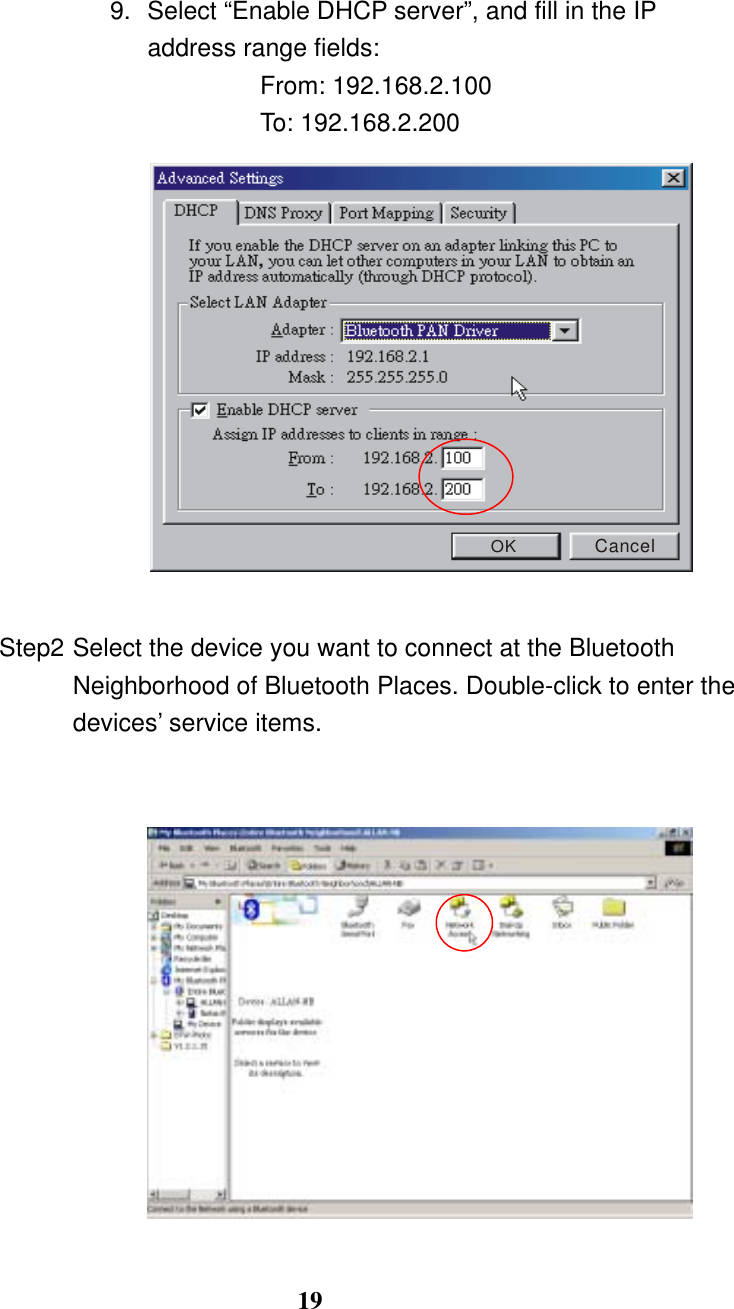 19   9.  Select “Enable DHCP server”, and fill in the IP address range fields: From: 192.168.2.100 To: 192.168.2.200   OKCancel  Step2 Select the device you want to connect at the Bluetooth Neighborhood of Bluetooth Places. Double-click to enter the devices’ service items.      