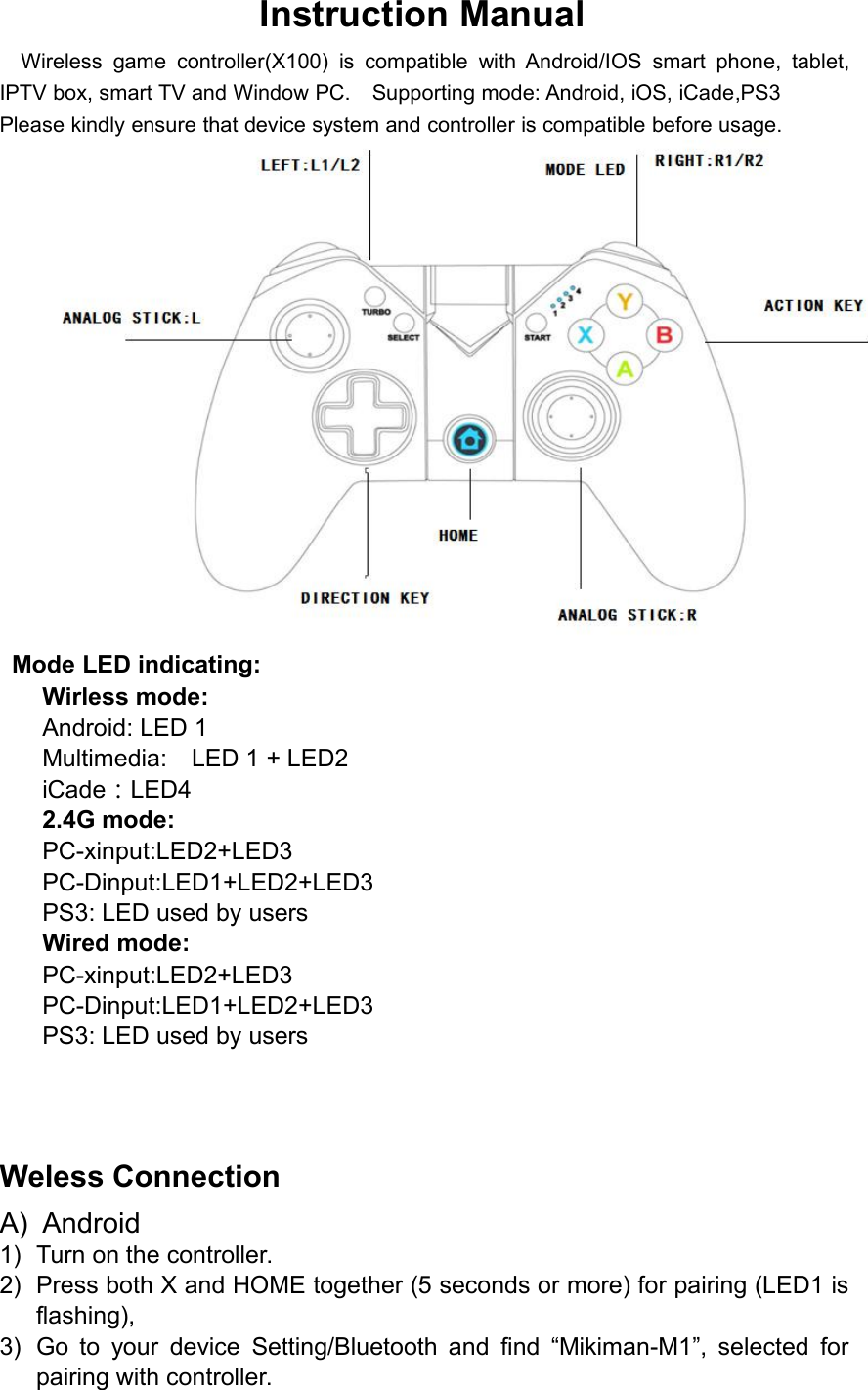 Page 1 of KINGLINE TECHNOLOGY X100 Wireless controller User Manual