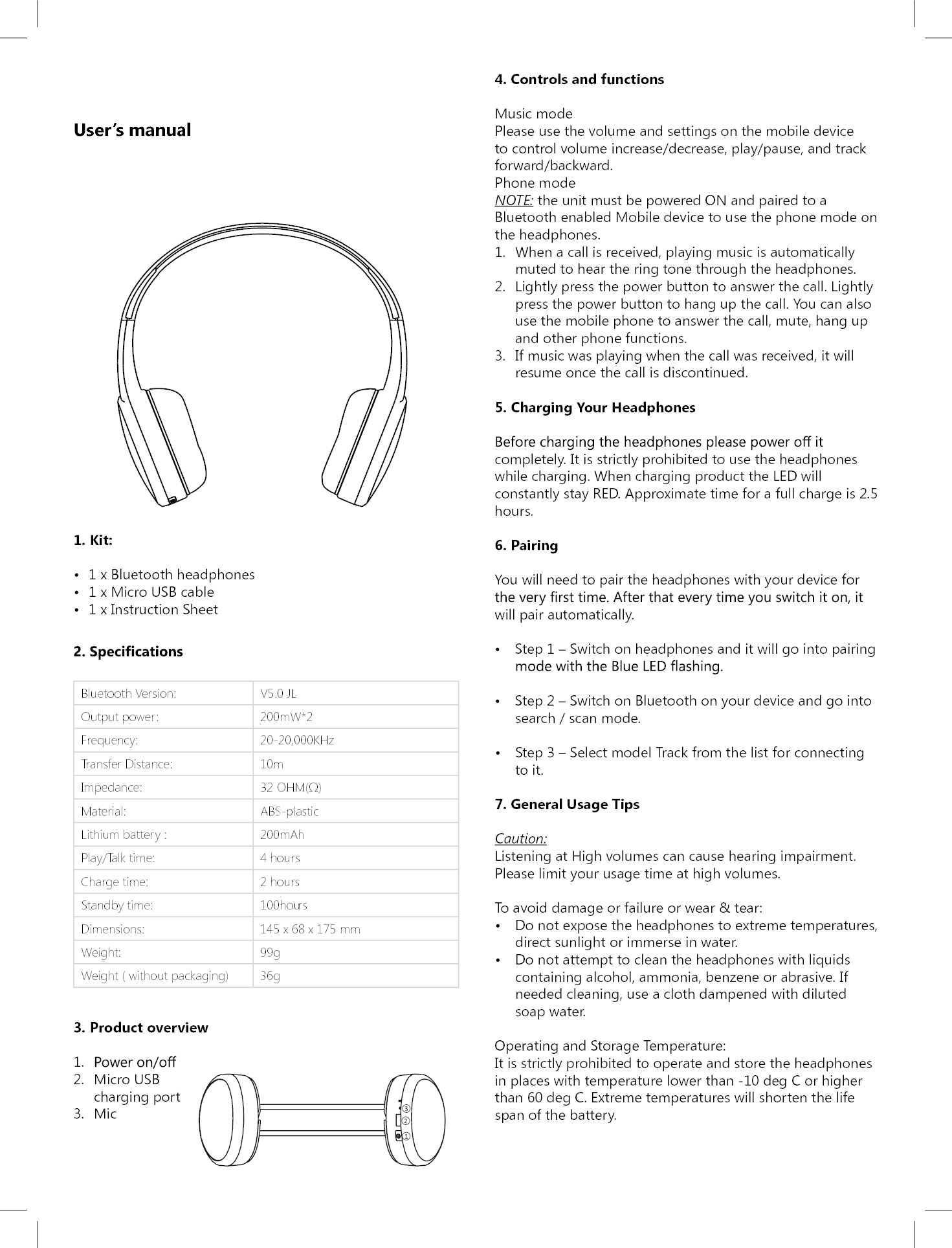 KINGSTAR KSB01 Wireless headphone User Manual