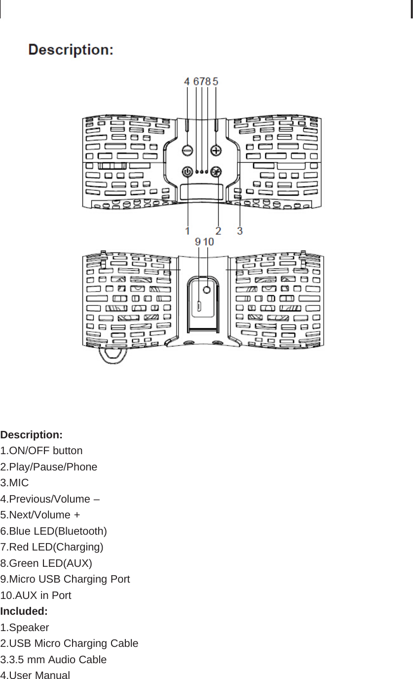Description:1.ON/OFF button2.Play/Pause/Phone3.MIC4.Previous/Volume –5.Next/Volume +6.Blue LED(Bluetooth)7.Red LED(Charging)8.Green LED(AUX)9.Micro USB Charging Port10.AUX in PortIncluded:1.Speaker2.USB Micro Charging Cable3.3.5 mm Audio Cable4.User Manual