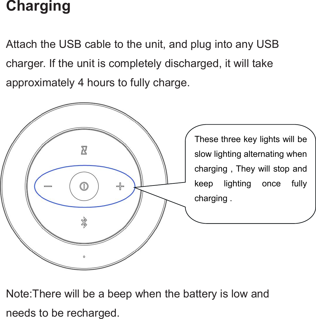 ChargingAttach the USB cable to the unit, and plug into any USBcharger. If the unit is completely discharged, it will takeapproximately 4 hours to fully charge.Note:There will be a beep when the battery is low andneeds to be recharged.These three key lights will beslow lighting alternating whencharging , They will stop andkeep lighting once fullycharging .