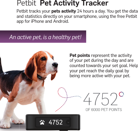 Petbit  Pet Activity TrackerPetbit tracks your pets activity 24 hours a day. You get the data and statistics directly on your smartphone, using the free Petbit app for iPhone and Android.Pet points represent the activity of your pet during the day and are counted towards your set goal. Help your pet reach the daily goal by being more active with your pet.An active pet, is a healthy pet!4752OF 6000 PET POINTS4752