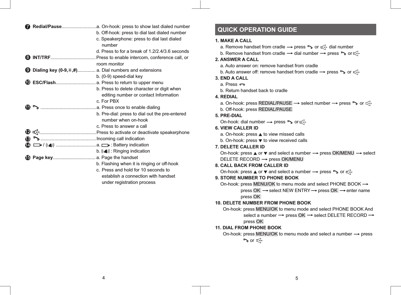 54      Redial/Pause...........................a. On-hook: press to show last dialed number                                                       b. Off-hook: press to dial last dialed number                                                       c. Speakerphone: press to dial last dialed                                                           number                                                       d. Press to for a break of 1.2/2.4/3.6 seconds      INT/TRF................................... Press to enable intercom, conference call, or                                                           room monitor      Dialing key (0-9,   ,#).............. a. Dial numbers and extensions                                                       b. (0-9) speed-dial key      ESC/Flash............................... a. Press to return to upper menu                                                       b. Press to delete character or digit when                                                            editing number or contact Information                                                        c. For PBX            ........................................... a. Press once to enable dialing                                                       b. Pre-dial: press to dial out the pre-entered                                                           number when on-hook                                                       c. Press to answer a call            ............................................Press to activate or deactivate speakerphone             ...........................................Incoming call indication              /         ...............................a.        : Battery indication                                                       b.        : Ringing indication        Page key................................. a. Page the handset                                                       b. Flashing when it is ringing or off-hook                                                       c.  Press and hold for 10 seconds to                                                                                 establish a connection with handset                                                            under registration process                                                                        789101112131415QUICK OPERATION GUIDE1. MAKE A CALL    a. Remove handset from cradle       press       or        dial number    b. Remove handset from cradle       dial number       press       or 2. ANSWER A CALL    a. Auto answer on: remove handset from cradle    b. Auto answer off: remove handset from cradle       press       or  3. END A CALL    a. Press     b. Return handset back to cradle4. REDIAL    a. On-hook: press REDIAL/PAUSE       select number       press       or     b. Off-hook: press REDIAL/PAUSE5. PRE-DIAL    On-hook: dial number       press       or6. VIEW CALLER ID    a. On-hook: press ▲ to view missed calls    b. On-hook: press ▼ to view received calls7. DELETE CALLER ID    On-hook: press ▲ or ▼ and select a number       press OK/MENU       select    DELETE RECORD       press OK/MENU8. CALL BACK FROM CALLER ID    On-hook: press ▲ or ▼ and select a number       press       or 9. STORE NUMBER TO PHONE BOOK    On-hook: press MENU/OK to menu mode and select PHONE BOOK                    press OK       select NEW ENTRY      press OK       enter name                    press OK10. DELETE NUMBER FROM PHONE BOOK      On-hook: press MENU/OK to menu mode and select PHONE BOOK And                      select a number       press OK       select DELETE RECORD                      press OK11. DIAL FROM PHONE BOOK      On-hook: press MENU/OK to menu mode and select a number       press                           or 