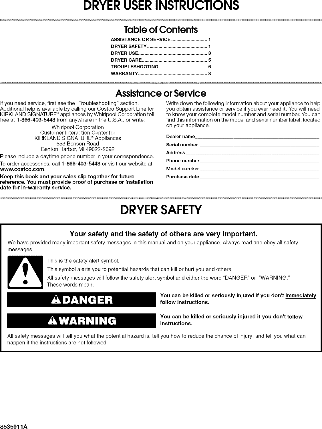 Page 1 of 8 - KIRKLAND  Residential Dryer Manual L0412423