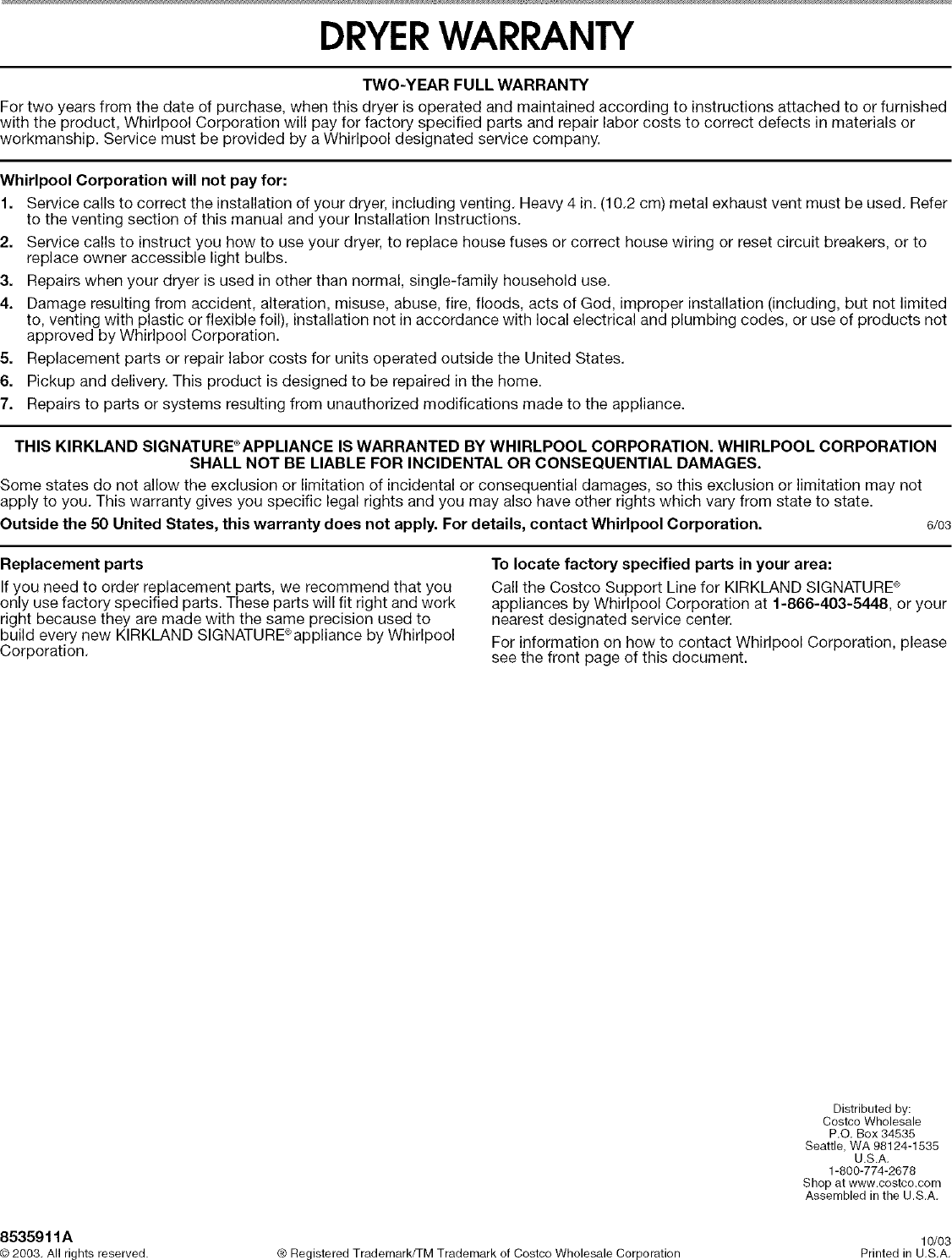 Page 8 of 8 - KIRKLAND  Residential Dryer Manual L0412423