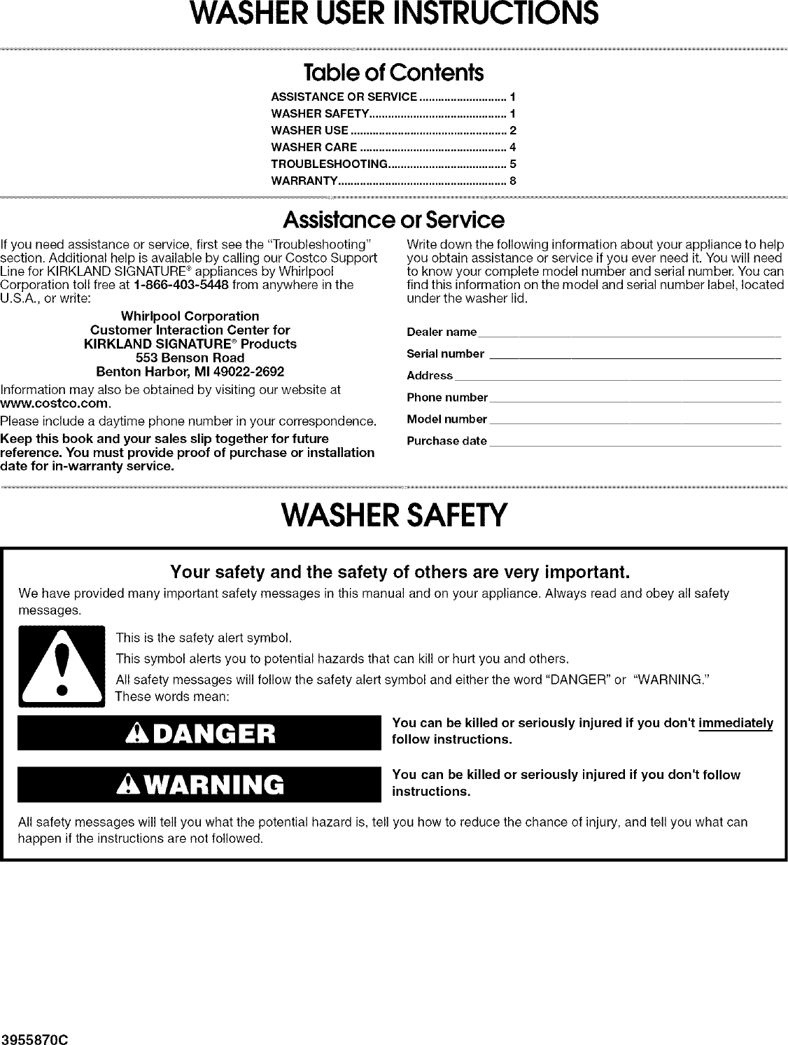 Page 1 of 8 - KIRKLAND  Residential Washers Manual L0412424