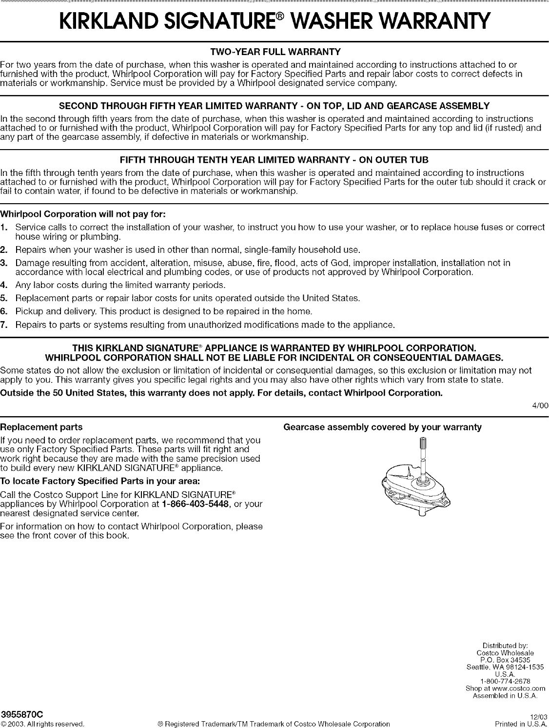 Page 8 of 8 - KIRKLAND  Residential Washers Manual L0412424