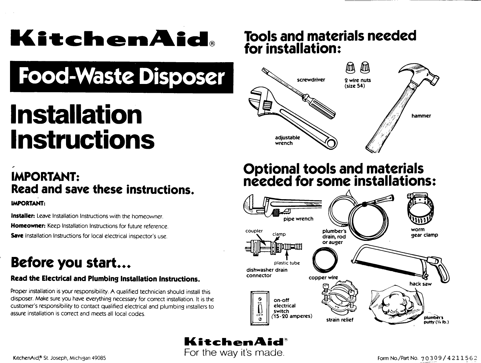 Page 1 of 5 - KITCHENAID  Garbage Disposal Manual L0912158