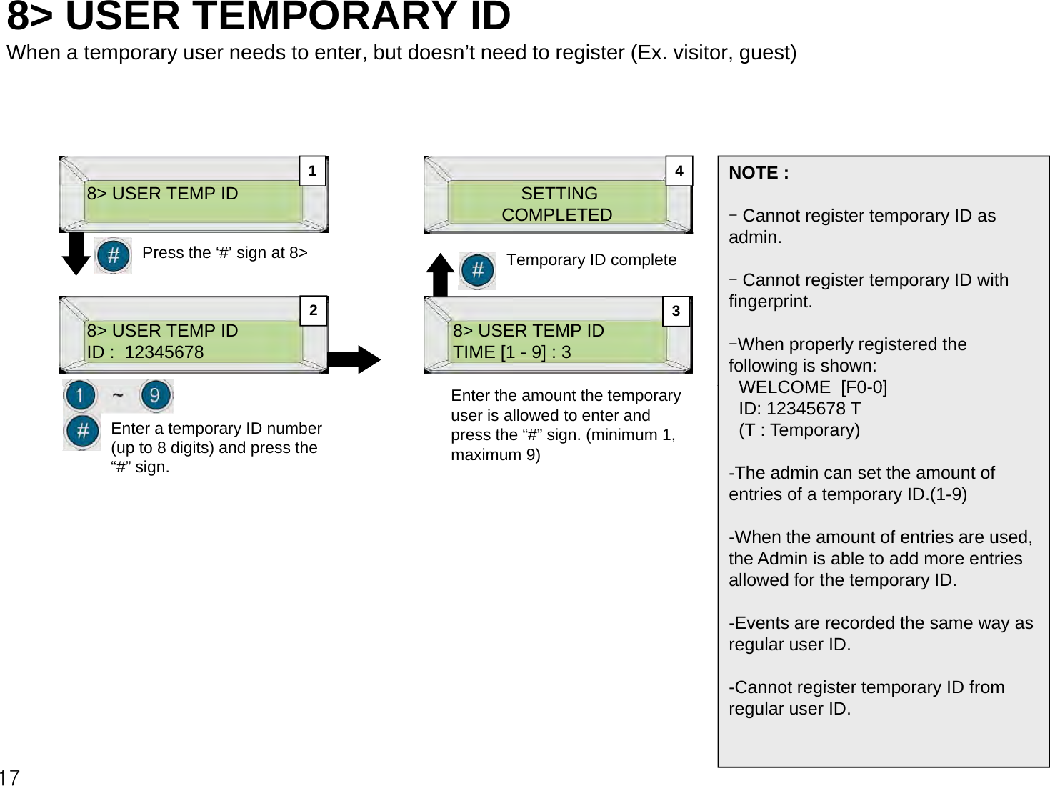 8&gt; USER TEMPORARY ID When a temporary user needs to enter, but doesn’t need to register (Ex. visitor, guest)NOTE :1 48&gt; USER TEMP IDPress the ‘#’ sign at 8&gt;SETTINGCOMPLETEDTemporary ID complete-Cannot register temporary ID as admin.-Cannot register temporary ID with8&gt; USER TEMP IDID :  12345678 8&gt; USER TEMP IDTIME [1 - 9] : 3Cannot register temporary ID with fingerprint.-When properly registered the following is shown:WELCOME [F00]23Enter a temporary ID number (up to 8 digits) and press the “#” sign.Enter the amount the temporary user is allowed to enter and press the “#” sign. (minimum 1, maximum 9)WELCOME  [F0-0]ID: 12345678 T(T : Temporary)-The admin can set the amount of entries of a temporary ID.(1-9)-When the amount of entries are used, the Admin is able to add more entries allowed for the temporary ID.py-Events are recorded the same way as regular user ID.Cannot register temporary ID from17-Cannot register temporary ID from regular user ID.