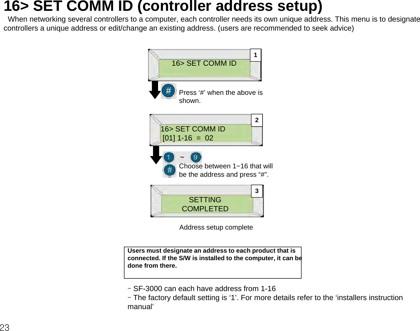 16&gt; SET COMM ID (controller address setup)When networking several controllers to a computer, each controller needs its own unique address. This menu is to designate controllers a unique address or edit/change an existing address. (users are recommended to seek advice)16&gt; SET COMM ID 1Press ‘#’ when the above is shown.216&gt; SET COMM ID[01] 1-16  =  022Choose between 1~16 that will be the address and press “#”.SETTING3COMPLETED Address setup complete-SF-3000 can each have address from 1-16Users must designate an address to each product that is connected. If the S/W is installed to the computer, it can be done from there.23SF-3000 can each have address from 1-16 -The factory default setting is ‘1’. For more details refer to the ‘installers instruction manual’