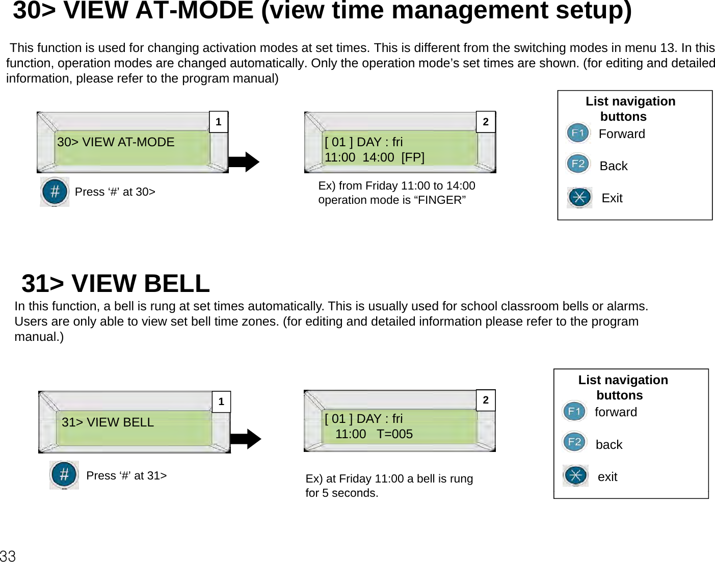 30&gt; VIEW AT-MODE (view time management setup)This function is used for changing activation modes at set times. This is different from the switching modes in menu 13. In this function operation modes are changed automatically Only the operation mode’s set times are shown (for editing and detailedfunction, operation modes are changed automatically. Only the operation mode s set times are shown. (for editing and detailedinformation, please refer to the program manual)  List navigation buttonsForward1 230&gt; VIEW AT-MODE [ 01 ] DAY : fri11:00  14:00  [FP]ForwardBackExitEx) from Friday 11:00 to 14:00 operation mode is “FINGER”Press ‘#’ at 30&gt;p31&gt; VIEW BELL31&gt; VIEW BELL In this function, a bell is rung at set times automatically. This is usually used for school classroom bells or alarms. Users are only able to view set bell time zones. (for editing and detailed information please refer to the program manual.)31&gt; VIEW BELL[01]DAY:friList navigation buttonsforward21Press ‘#’ at 31&gt;31&gt; VIEW BELL[ 01 ] DAY : fri11:00   T=005Ex) at Friday 11:00 a bell is rung for 5 secondsbackexit33for 5 seconds. 