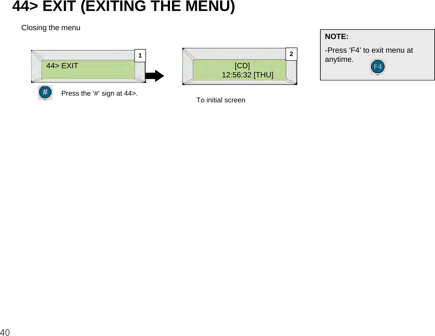 44&gt; EXIT (EXITING THE MENU)Closing the menuNOTE:[CD]12:56:32 [THU]NOTE:-Press ‘F4’ to exit menu at anytime.44&gt; EXIT12Press the ‘#’ sign at 44&gt;. To initial screen40