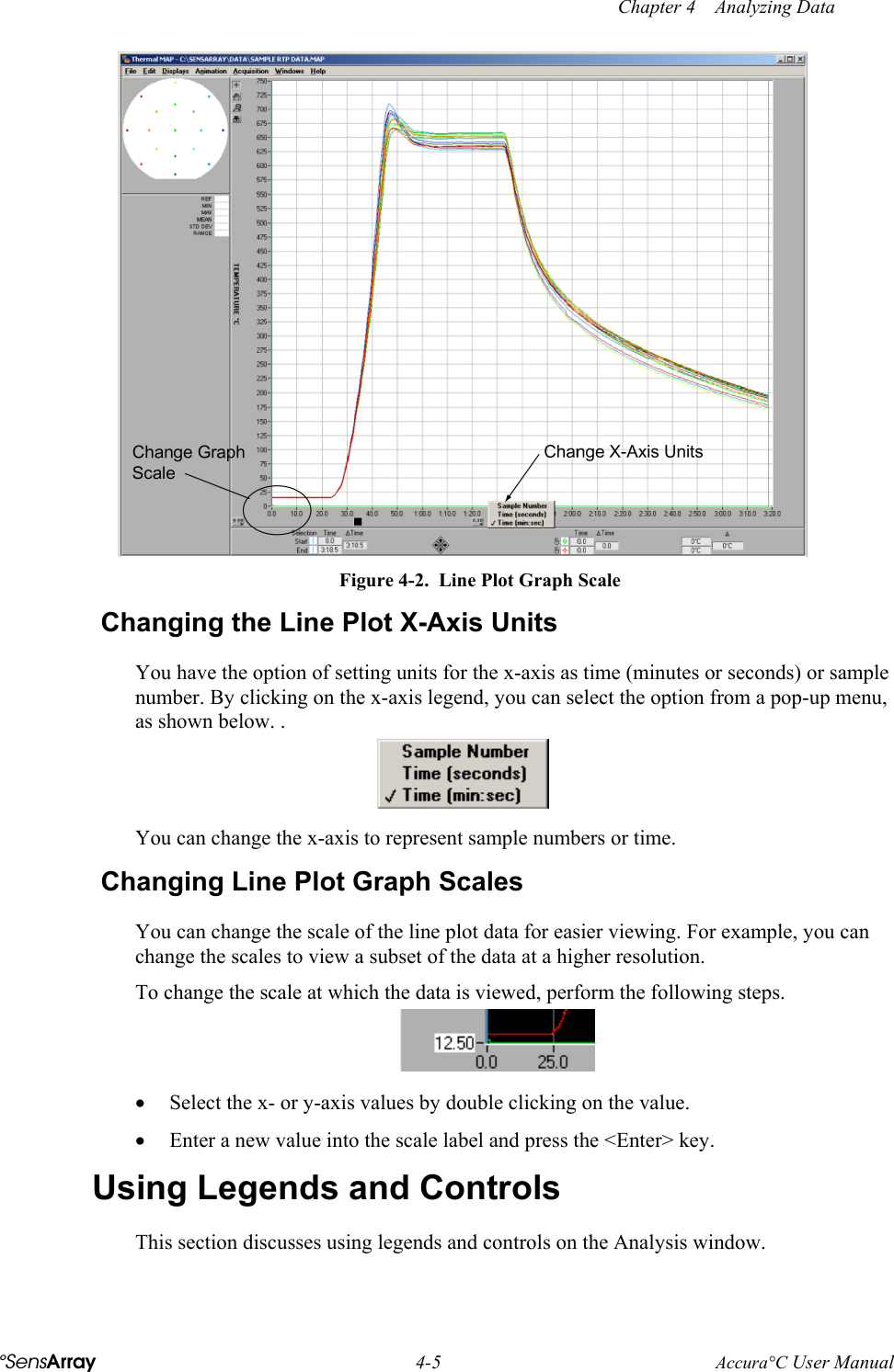  Chapter 4    Analyzing Data °SensArray 4-5 Accura°C User Manual  Figure 4-2.  Line Plot Graph Scale Changing the Line Plot X-Axis Units You have the option of setting units for the x-axis as time (minutes or seconds) or sample number. By clicking on the x-axis legend, you can select the option from a pop-up menu, as shown below. .  You can change the x-axis to represent sample numbers or time.  Changing Line Plot Graph Scales You can change the scale of the line plot data for easier viewing. For example, you can change the scales to view a subset of the data at a higher resolution. To change the scale at which the data is viewed, perform the following steps.  •  Select the x- or y-axis values by double clicking on the value. •  Enter a new value into the scale label and press the &lt;Enter&gt; key.  Using Legends and Controls This section discusses using legends and controls on the Analysis window. 