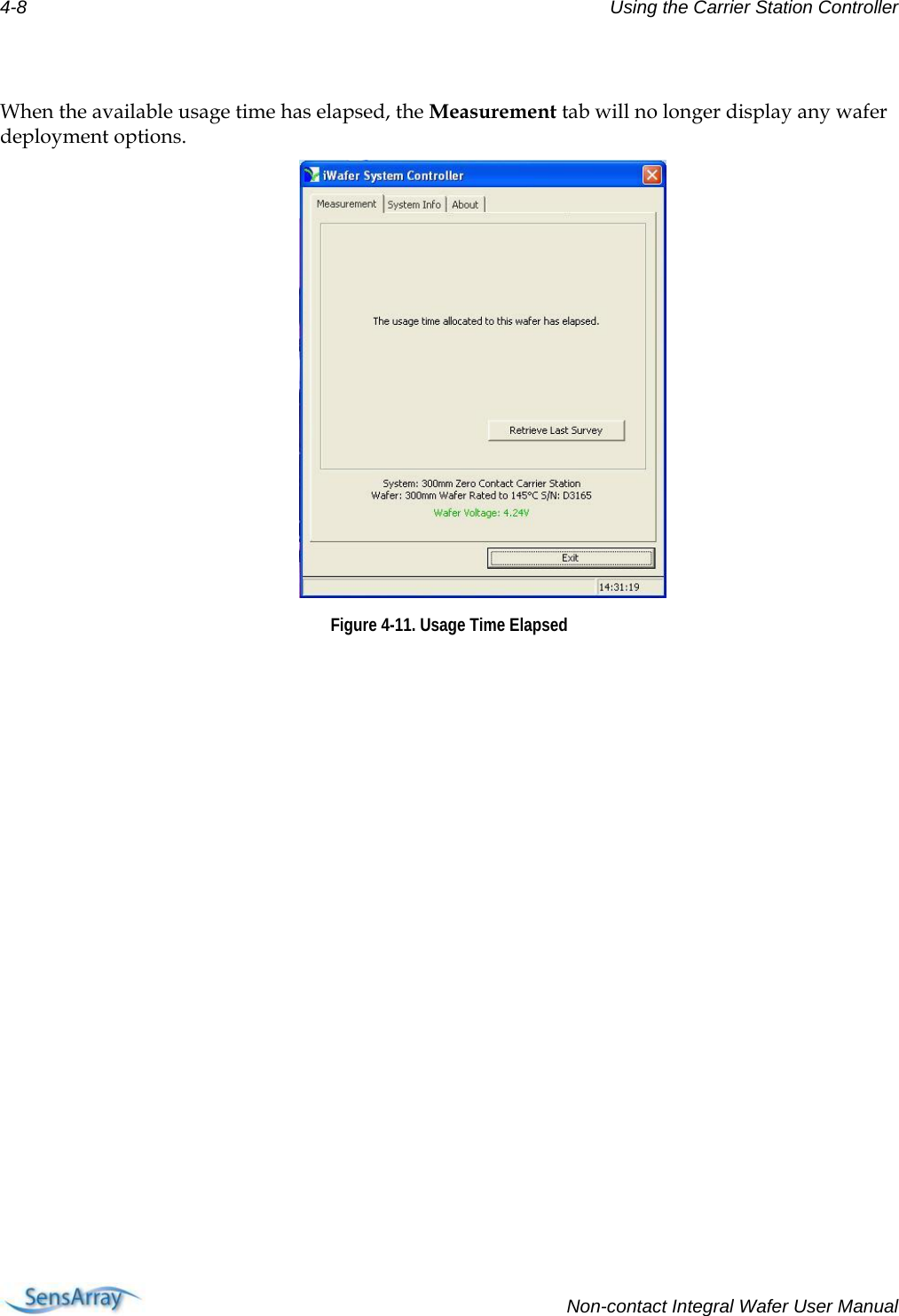 4-8  Using the Carrier Station Controller   When the available usage time has elapsed, the Measurement tab will no longer display any wafer deployment options.  Figure 4-11. Usage Time Elapsed                Non-contact Integral Wafer User Manual 