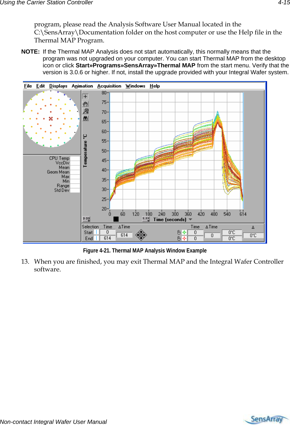 Using the Carrier Station Controller 4-15 program, please read the Analysis Software User Manual located in the C:\SensArray\Documentation folder on the host computer or use the Help file in the Thermal MAP Program. NOTE:  If the Thermal MAP Analysis does not start automatically, this normally means that the program was not upgraded on your computer. You can start Thermal MAP from the desktop icon or click Start»Programs»SensArray»Thermal MAP from the start menu. Verify that the version is 3.0.6 or higher. If not, install the upgrade provided with your Integral Wafer system.  Figure 4-21. Thermal MAP Analysis Window Example 13. When you are finished, you may exit Thermal MAP and the Integral Wafer Controller software.  Non-contact Integral Wafer User Manual      