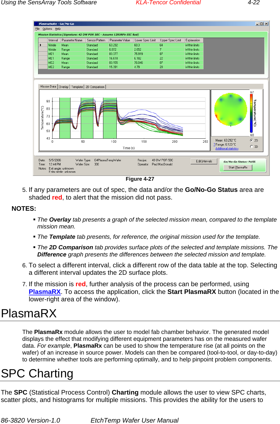 Using the SensArray Tools Software        KLA-Tencor Confidential             4-22  Figure 4-27 5. If any parameters are out of spec, the data and/or the Go/No-Go Status area are shaded red, to alert that the mission did not pass. NOTES:  The Overlay tab presents a graph of the selected mission mean, compared to the template mission mean.  The Template tab presents, for reference, the original mission used for the template.  The 2D Comparison tab provides surface plots of the selected and template missions. The Difference graph presents the differences between the selected mission and template. 6. To select a different interval, click a different row of the data table at the top. Selecting a different interval updates the 2D surface plots. 7. If the mission is red, further analysis of the process can be performed, using PlasmaRX. To access the application, click the Start PlasmaRX button (located in the lower-right area of the window). PlasmaRX The PlasmaRx module allows the user to model fab chamber behavior. The generated model displays the effect that modifying different equipment parameters has on the measured wafer data. For example, PlasmaRx can be used to show the temperature rise (at all points on the wafer) of an increase in source power. Models can then be compared (tool-to-tool, or day-to-day) to determine whether tools are performing optimally, and to help pinpoint problem components. SPC Charting The SPC (Statistical Process Control) Charting module allows the user to view SPC charts, scatter plots, and histograms for multiple missions. This provides the ability for the users to 86-3820 Version-1.0  EtchTemp Wafer User Manual 