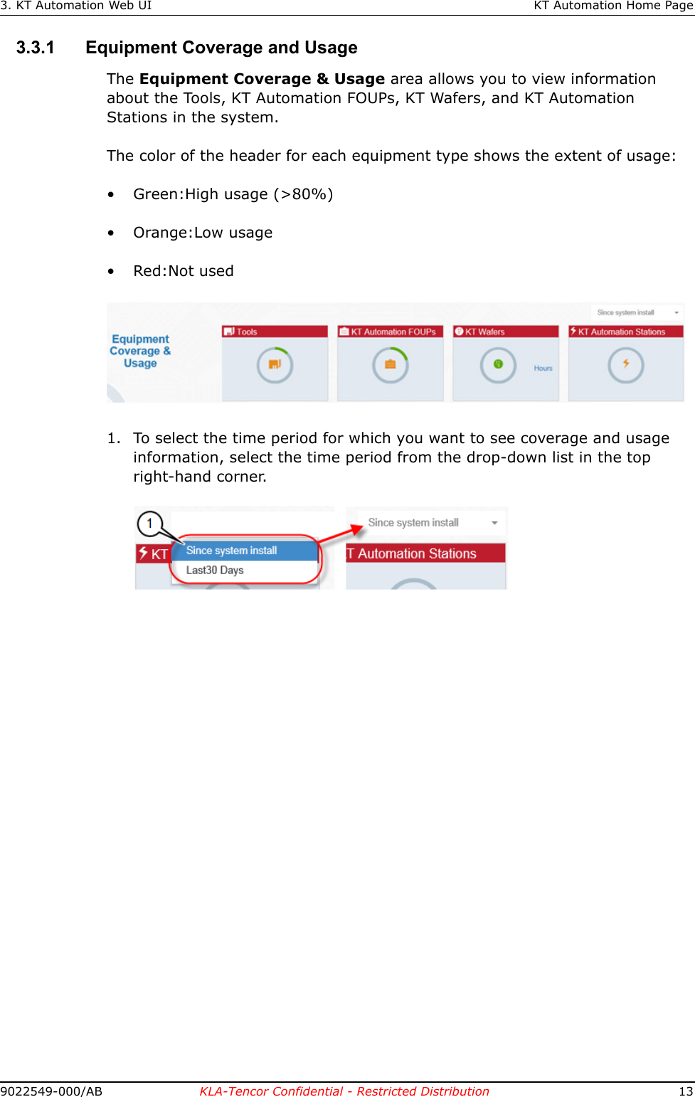 3. KT Automation Web UI KT Automation Home Page9022549-000/AB KLA-Tencor Confidential - Restricted Distribution 133.3.1 Equipment Coverage and UsageThe Equipment Coverage &amp; Usage area allows you to view information about the Tools, KT Automation FOUPs, KT Wafers, and KT Automation Stations in the system.The color of the header for each equipment type shows the extent of usage:• Green:High usage (&gt;80%)• Orange:Low usage• Red:Not used1. To select the time period for which you want to see coverage and usage information, select the time period from the drop-down list in the top right-hand corner.