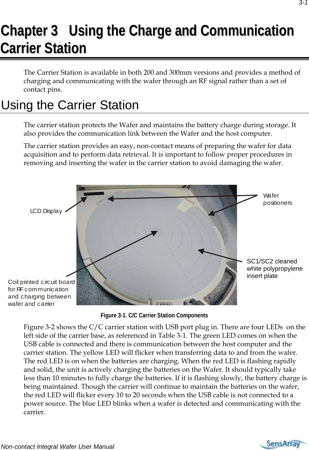  3-1 Non-contact Integral Wafer User Manual     CChhaapptteerr  33  UUssiinngg  tthhee  CChhaarrggee  aanndd  CCoommmmuunniiccaattiioonn  CCaarrrriieerr  SSttaattiioonn  The Carrier Station is available in both 200 and 300mm versions and provides a method of charging and communicating with the wafer through an RF signal rather than a set of contact pins. Using the Carrier Station The carrier station protects the Wafer and maintains the battery charge during storage. It also provides the communication link between the Wafer and the host computer.  The carrier station provides an easy, non-contact means of preparing the wafer for data acquisition and to perform data retrieval. It is important to follow proper procedures in removing and inserting the wafer in the carrier station to avoid damaging the wafer.  Cleanable white polypropylene insert plateWa f e r  positionersCoil printed circuit board for RF communication and charging between wa fer a nd c a rrierLC D Disp la y Figure 3-1. C/C Carrier Station Components Figure 3-2 shows the C/C carrier station with USB port plug in. There are four LEDs  on the left side of the carrier base, as referenced in Table 3-1. The green LED comes on when the USB cable is connected and there is communication between the host computer and the carrier station. The yellow LED will flicker when transferring data to and from the wafer. The red LED is on when the batteries are charging. When the red LED is flashing rapidly and solid, the unit is actively charging the batteries on the Wafer. It should typically take less than 10 minutes to fully charge the batteries. If it is flashing slowly, the battery charge is being maintained. Though the carrier will continue to maintain the batteries on the wafer, the red LED will flicker every 10 to 20 seconds when the USB cable is not connected to a power source. The blue LED blinks when a wafer is detected and communicating with the carrier.   SC1/SC2 cleaned white polypropylene insert plate 