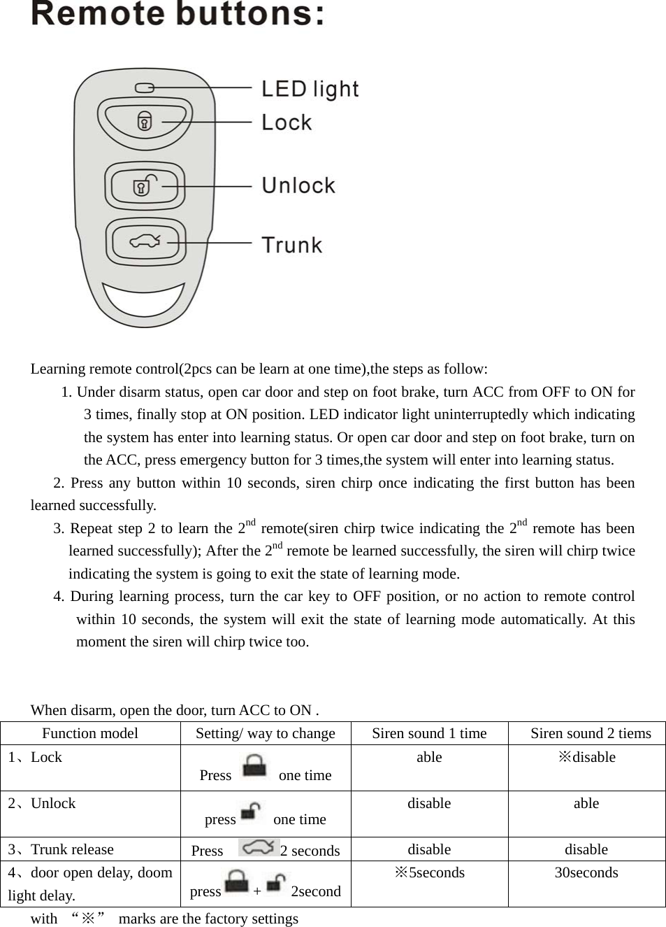   Learning remote control(2pcs can be learn at one time),the steps as follow:         1. Under disarm status, open car door and step on foot brake, turn ACC from OFF to ON for 3 times, finally stop at ON position. LED indicator light uninterruptedly which indicating the system has enter into learning status. Or open car door and step on foot brake, turn on the ACC, press emergency button for 3 times,the system will enter into learning status.    2. Press any button within 10 seconds, siren chirp once indicating the first button has been learned successfully.    3. Repeat step 2 to learn the 2nd remote(siren chirp twice indicating the 2nd remote has been learned successfully); After the 2nd remote be learned successfully, the siren will chirp twice indicating the system is going to exit the state of learning mode.    4. During learning process, turn the car key to OFF position, or no action to remote control within 10 seconds, the system will exit the state of learning mode automatically. At this moment the siren will chirp twice too.   When disarm, open the door, turn ACC to ON . Function model  Setting/ way to change  Siren sound 1 time    Siren sound 2 tiems 1、Lock   Press   one time  able  ※disable 2、Unlock  press  one time  disable   able 3、Trunk release  Press   2 seconds disable   disable 4、door open delay, doom light delay.    press +2second※5seconds 30seconds with  “※”  marks are the factory settings 