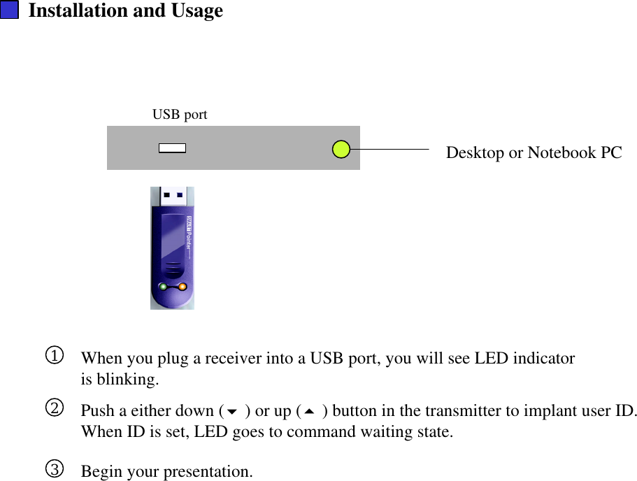 Installation and UsageDesktop or Notebook PCUSB port12When you plug a receiver into a USB port, you will see LED indicator is blinking.Push a either down (6) or up (5) button in the transmitter to implant user ID.When ID is set, LED goes to command waiting state. 3Begin your presentation.