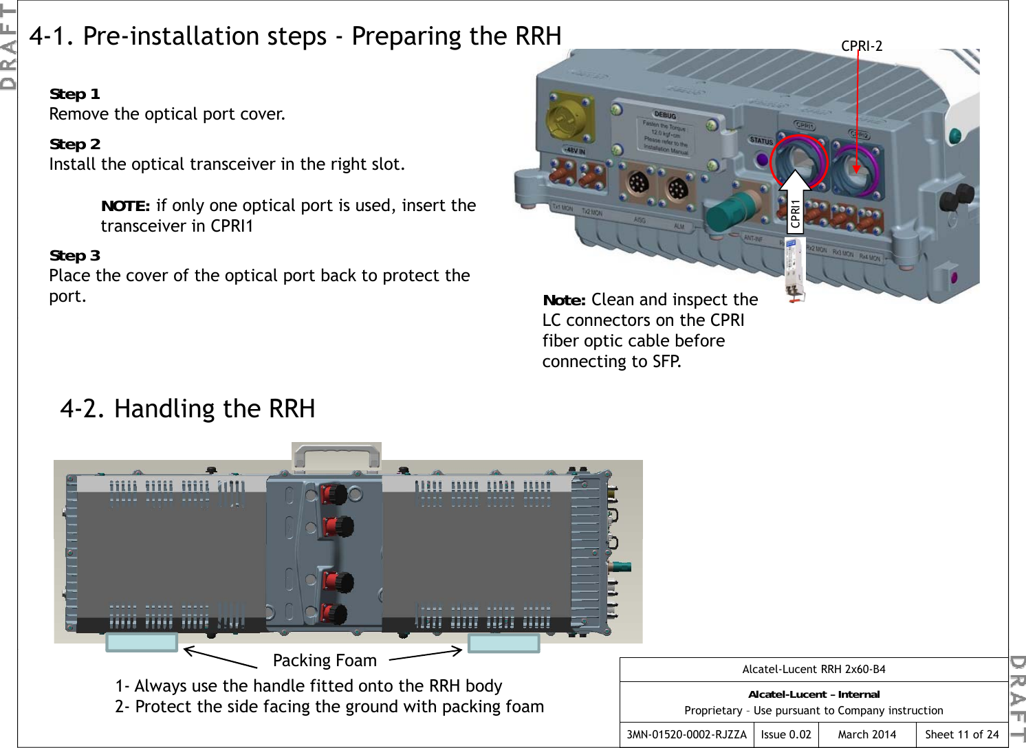 4-1. Pre-installation steps - Preparing the RRH CPRI-2Step 1I1Step 1Remove the optical port cover.Step 2Install the optical transceiver in the right slot.NOTE: if only one optical port is used  insert the CPRNote: Clean and inspect the LC connectors on the CPRI NOTE: if only one optical port is used, insert the transceiver in CPRI1Step 3Place the cover of the optical port back to protect the port.LC connectors on the CPRI fiber optic cable before connecting to SFP.4-2. Handling the RRHAlcatel-Lucent RRH 2x60-B4Alcatel-Lucent – InternalProprietary – Use pursuant to Company instruction3MN-01520-0002-RJZZA Issue 0.02 March 2014 Sheet 11 of 241- Always use the handle fitted onto the RRH body2- Protect the side facing the ground with packing foamPacking Foam