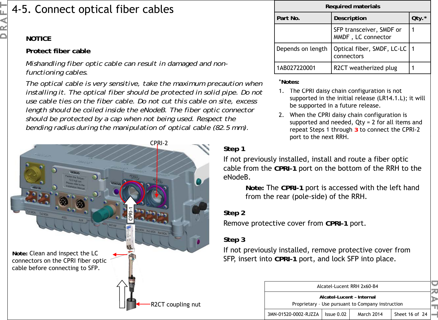 Required materialsPart No. Description Qty.*SFP transceiver, SMDF or MMDF , LC connector1NOTICE4-5. Connect optical fiber cablesDepends on length Optical fiber, SMDF, LC-LC connectors11AB027220001 R2CT weatherized plug 1*Notes:1Th  CPRI d i   h i   fi ti  i   t Protect fiber cableMishandling fiber optic cable can result in damaged and non-functioning cables.The optical cable is very sensitive, take the maximum precaution when 1.The CPRI daisy chain configuration is not supported in the initial release (LR14.1.L); it will be supported in a future release.2. When the CPRI daisy chain configuration is supported and needed, Qty = 2 for all items and repeat Steps 1 through 3to connect the CPRI-2 port to the next RRHinstalling it. The optical fiber should be protected in solid pipe. Do not use cable ties on the fiber cable. Do not cut this cable on site, excess length should be coiled inside the eNodeB. The fiber optic connector should be protected by a cap when not being used. Respect the bending radius during the manipulation of optical cable (82.5 mm).port to the next RRH.Step 1If not previously installed, install and route a fiber optic cable from the CPRI-1 port on the bottom of the RRH to the eNodeB.CPRI-2Note: The CPRI-1 port is accessed with the left hand from the rear (pole-side) of the RRH.Step 2Remove protective cover from CPRI-1 port.CPRI-1Step 3If not previously installed, remove protective cover from  SFP, insert into CPRI-1 port, and lock SFP into place.Note: Clean and inspect the LC connectors on the CPRI fiber optic cable before connecting to SFP.Alcatel-Lucent RRH 2x60-B4Alcatel-Lucent – InternalProprietary – Use pursuant to Company instruction3MN-01520-0002-RJZZA Issue 0.02 March 2014 Sheet 16 of  24R2CT coupling nut