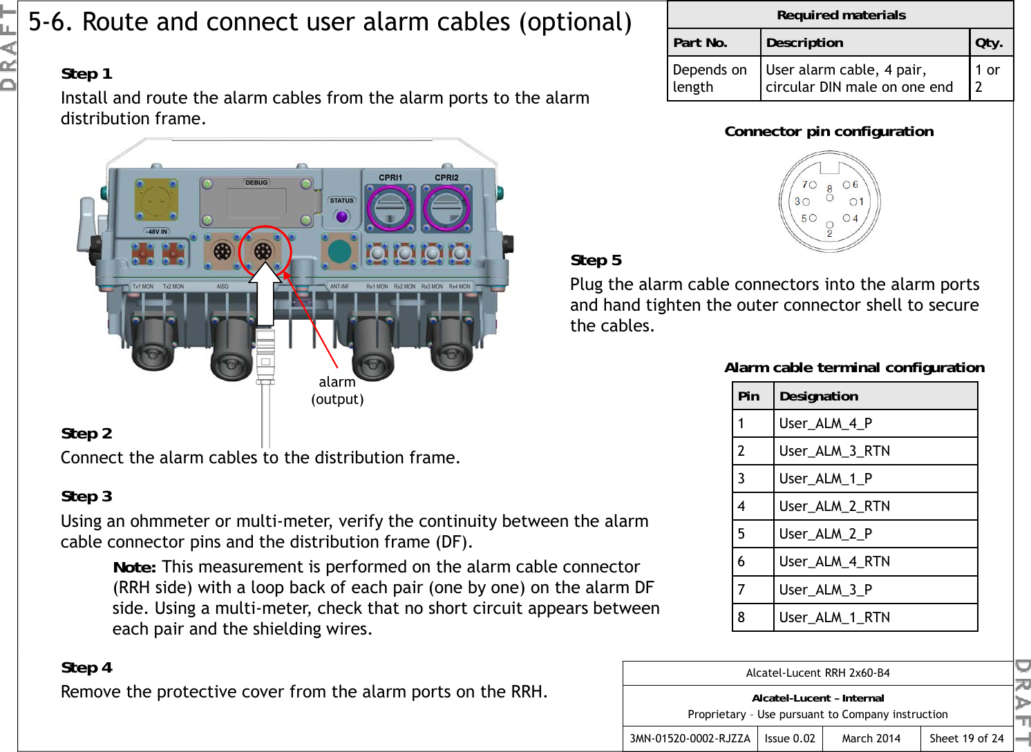 Step 1Install and route the alarm cables from the alarm ports to the alarm Required materialsPart No. Description Qty.Depends on lengthUser alarm cable, 4 pair, circular DIN male on one end1 or 25-6. Route and connect user alarm cables (optional)Install and route the alarm cables from the alarm ports to the alarm distribution frame. Connector pin configurationStep 5Plug the alarm cable connectors into the alarm ports and hand tighten the outer connector shell to secure h blStep 2Pin Designation1 User_ALM_4_PAlarm cable terminal configurationalarm(output)the cables.Step 2Connect the alarm cables to the distribution frame.Step 3Using an ohmmeter or multi-meter, verify the continuity between the alarm cable connector pins and the distribution frame (DF)2 User_ALM_3_RTN3 User_ALM_1_P4 User_ALM_2_RTN5 User_ALM_2_Pcable connector pins and the distribution frame (DF).Note: This measurement is performed on the alarm cable connector (RRH side) with a loop back of each pair (one by one) on the alarm DF side. Using a multi-meter, check that no short circuit appears between each pair and the shielding wires.6 User_ALM_4_RTN7 User_ALM_3_P8 User_ALM_1_RTNAlcatel-Lucent RRH 2x60-B4Alcatel-Lucent – InternalProprietary – Use pursuant to Company instruction3MN-01520-0002-RJZZA Issue 0.02 March 2014Step 4Remove the protective cover from the alarm ports on the RRH.Sheet 19 of 24