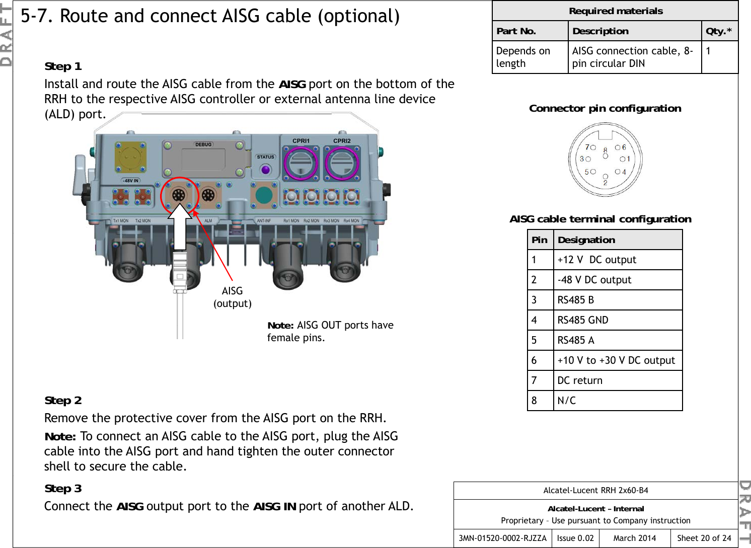 Step 1Required materialsPart No. Description Qty.*Depends on lengthAISG connection cable, 8-pin circular DIN15-7. Route and connect AISG cable (optional)pInstall and route the AISG cable from the AISG port on the bottom of the RRH to the respective AISG controller or external antenna line device (ALD) port. Connector pin configurationAISG cable terminal configurationAISG(output)Pin Designation1 +12 V  DC output2 -48 V DC output3 RS485 BS 2Note: AISG OUT ports have female pins.4 RS485 GND5 RS485 A6 +10 V to +30 V DC output7 DC returnStep 2Remove the protective cover from the AISG port on the RRH.Note: To connect an AISG cable to the AISG port, plug the AISG cable into the AISG port and hand tighten the outer connector shell to secure the cable.8 N/CAlcatel-Lucent RRH 2x60-B4Alcatel-Lucent – InternalProprietary – Use pursuant to Company instruction3MN-01520-0002-RJZZA Issue 0.02 March 2014 Sheet 20 of 24Step 3Connect the AISG output port to the AISG IN port of another ALD.
