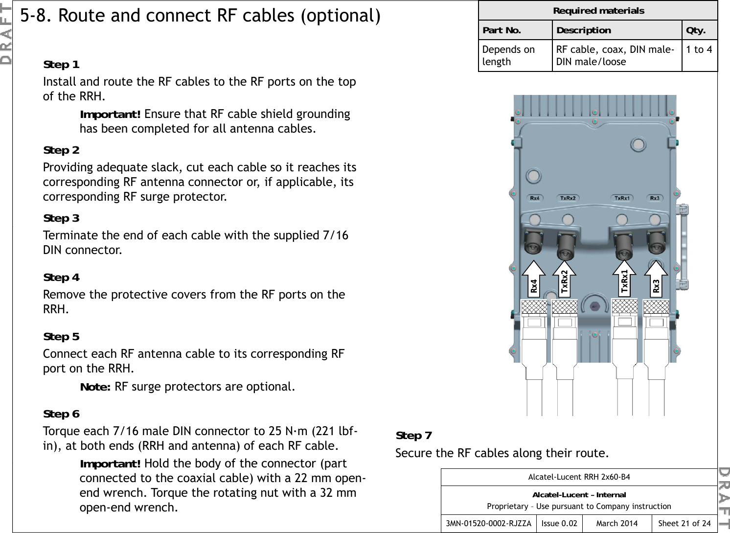 Step 1Required materialsPart No. Description Qty.Depends on lengthRF cable, coax, DIN male-DIN male/loose 1 to 45-8. Route and connect RF cables (optional)pInstall and route the RF cables to the RF ports on the top of the RRH.Important! Ensure that RF cable shield grounding has been completed for all antenna cables.Step 2Step 2Providing adequate slack, cut each cable so it reaches its corresponding RF antenna connector or, if applicable, its  corresponding RF surge protector.Step 3Terminate the end of each cable with the supplied 7/16 DIN connector.Step 4Remove the protective covers from the RF ports on the RRHRx3Rx4TxRx2TxRx1RRH.Step 5Connect each RF antenna cable to its corresponding RF port on the RRH.Note: RF surge protectors are optionalNote: RF surge protectors are optional.Step 6Torque each 7/16 male DIN connector to 25 N·m (221 lbf-in), at both ends (RRH and antenna) of each RF cable.Important!Hold the body of the connector (part Step 7Secure the RF cables along their route.Alcatel-Lucent RRH 2x60-B4Alcatel-Lucent – InternalProprietary – Use pursuant to Company instruction3MN-01520-0002-RJZZA Issue 0.02 March 2014Important!Hold the body of the connector (part connected to the coaxial cable) with a 22 mm open-end wrench. Torque the rotating nut with a 32 mm open-end wrench.Sheet 21 of 24