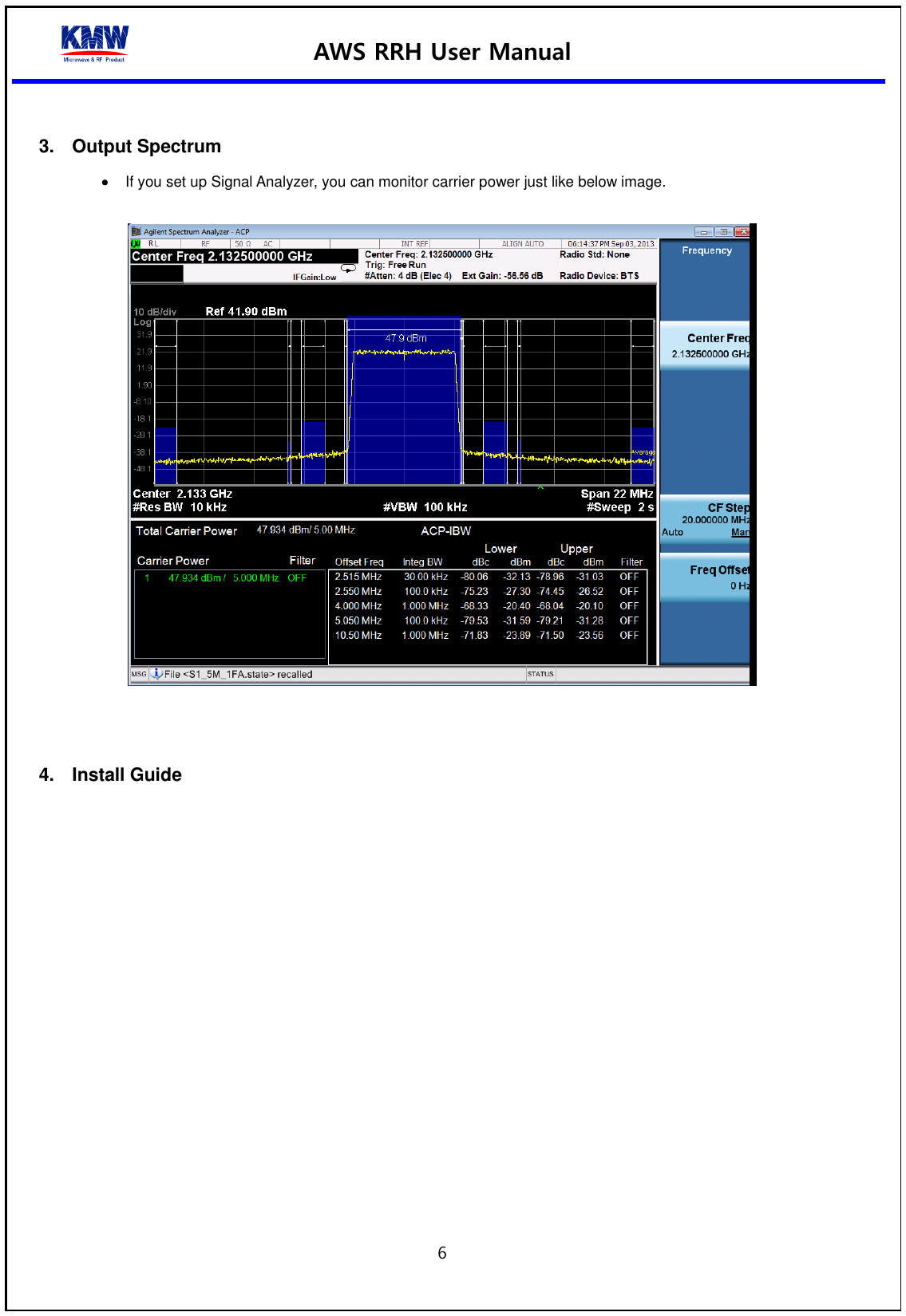 AWS RRH User Manual  6   3.  Output Spectrum  If you set up Signal Analyzer, you can monitor carrier power just like below image.     4.  Install Guide              