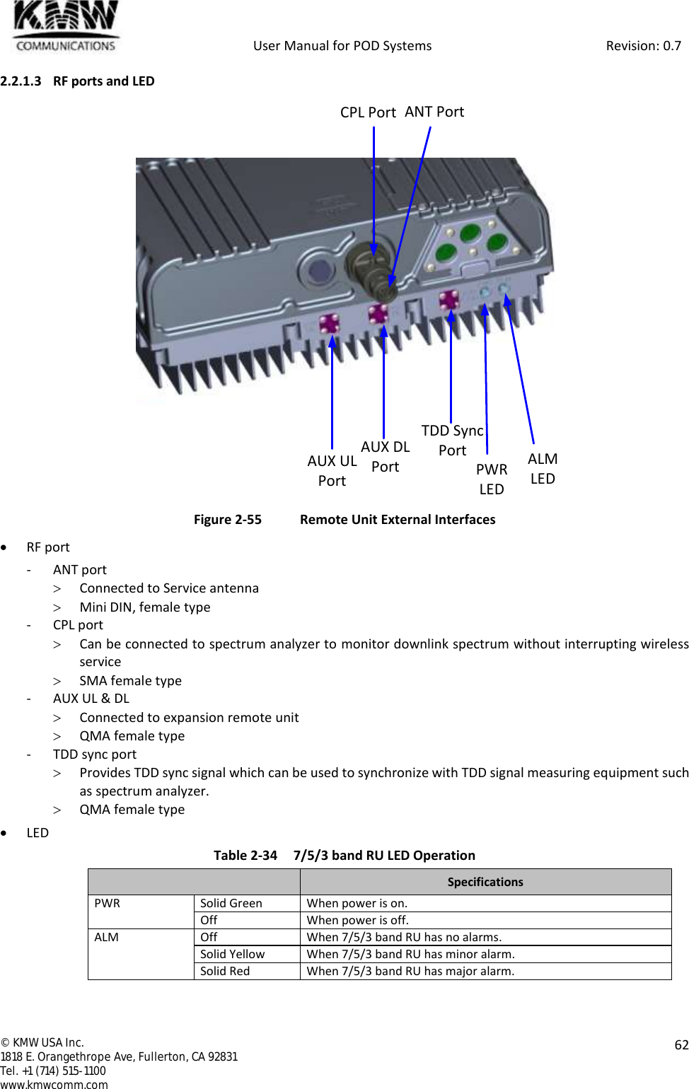            User Manual for POD Systems                                                     Revision: 0.7  ©  KMW USA Inc. 1818 E. Orangethrope Ave, Fullerton, CA 92831 Tel. +1 (714) 515-1100 www.kmwcomm.com  62  2.2.1.3 RF ports and LED    Figure 2-55  Remote Unit External Interfaces  RF port - ANT port  Connected to Service antenna  Mini DIN, female type - CPL port  Can be connected to spectrum analyzer to monitor downlink spectrum without interrupting wireless service  SMA female type - AUX UL &amp; DL  Connected to expansion remote unit  QMA female type - TDD sync port  Provides TDD sync signal which can be used to synchronize with TDD signal measuring equipment such as spectrum analyzer.  QMA female type  LED Table 2-34  7/5/3 band RU LED Operation  Specifications PWR Solid Green When power is on. Off When power is off. ALM Off When 7/5/3 band RU has no alarms. Solid Yellow When 7/5/3 band RU has minor alarm. Solid Red When 7/5/3 band RU has major alarm. AUX UL PortAUX DL PortTDD Sync Port ALM LEDPWR LEDANT PortCPL Port