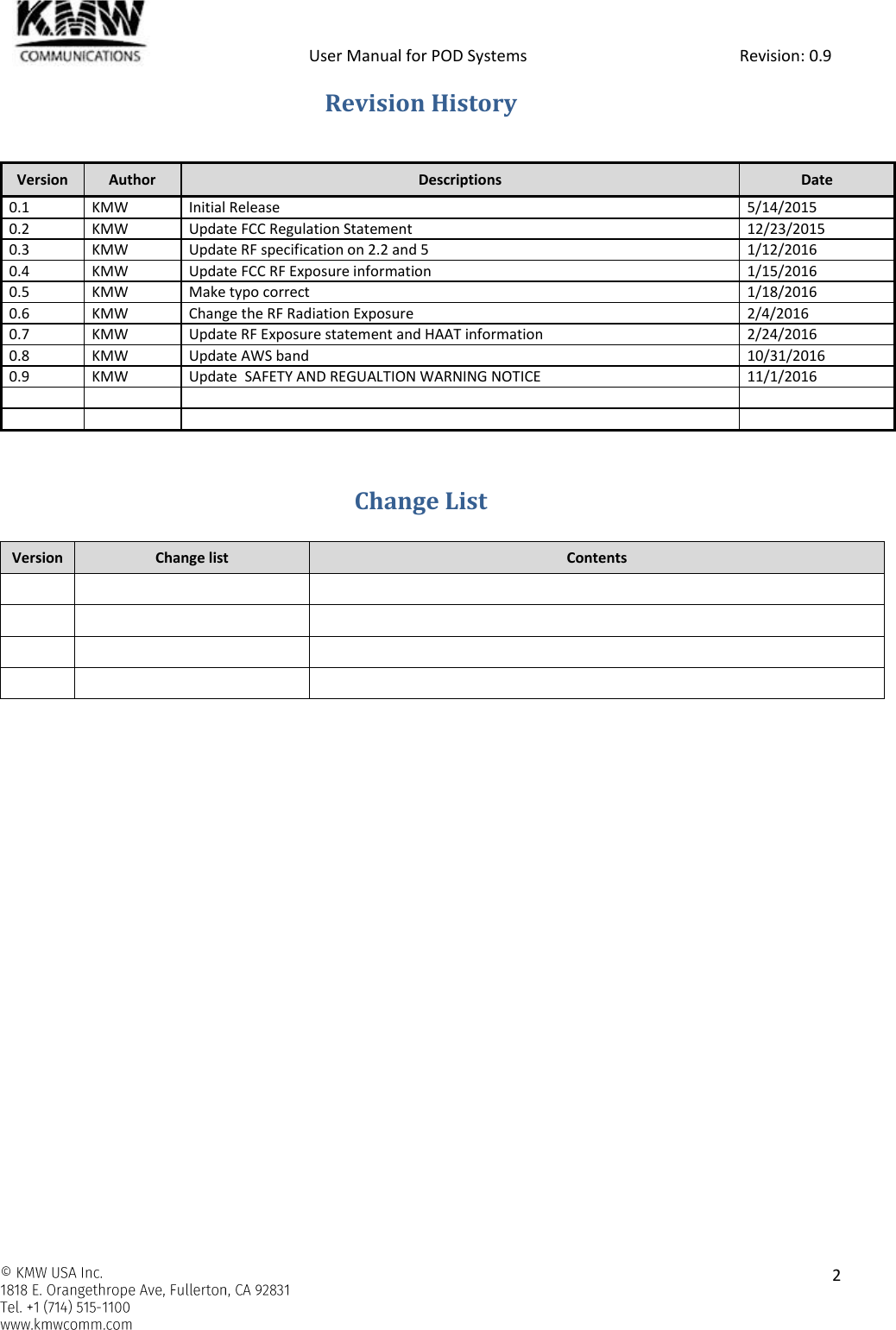            User Manual for POD Systems                                                     Revision: 0.9    2  Revision History   Change List Version Change list Contents                    Version Author Descriptions Date 0.1 KMW Initial Release 5/14/2015 0.2 KMW Update FCC Regulation Statement 12/23/2015 0.3 KMW Update RF specification on 2.2 and 5 1/12/2016 0.4 KMW Update FCC RF Exposure information 1/15/2016 0.5 KMW Make typo correct 1/18/2016 0.6 KMW Change the RF Radiation Exposure 2/4/2016 0.7 KMW Update RF Exposure statement and HAAT information 2/24/2016 0.8 KMW Update AWS band 10/31/2016 0.9 KMW Update  SAFETY AND REGUALTION WARNING NOTICE 11/1/2016         