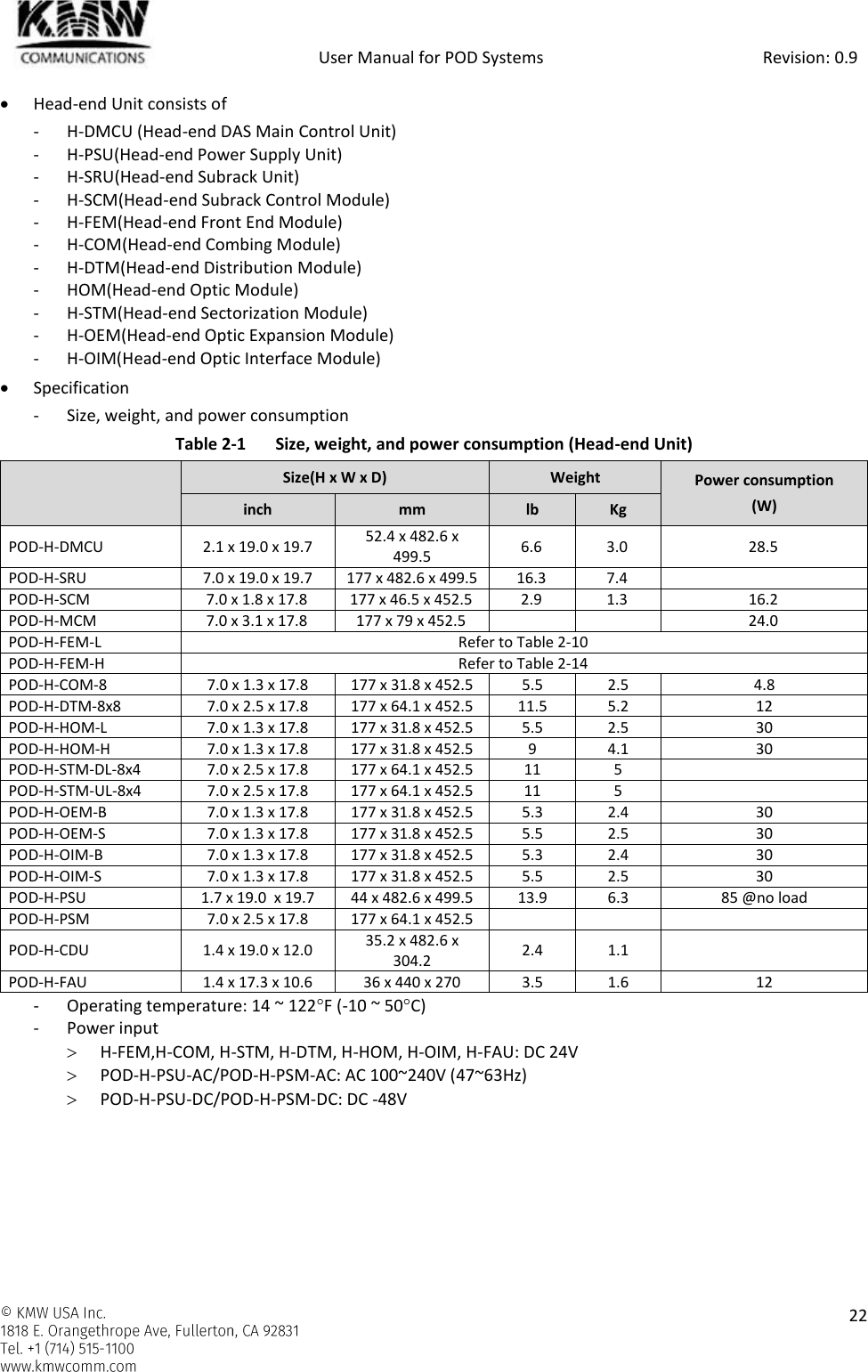            User Manual for POD Systems                                                     Revision: 0.9    22   Head-end Unit consists of - H-DMCU (Head-end DAS Main Control Unit) - H-PSU(Head-end Power Supply Unit) - H-SRU(Head-end Subrack Unit) - H-SCM(Head-end Subrack Control Module) - H-FEM(Head-end Front End Module) - H-COM(Head-end Combing Module) - H-DTM(Head-end Distribution Module) - HOM(Head-end Optic Module) - H-STM(Head-end Sectorization Module) - H-OEM(Head-end Optic Expansion Module) - H-OIM(Head-end Optic Interface Module)  Specification - Size, weight, and power consumption Table 2-1  Size, weight, and power consumption (Head-end Unit)  Size(H x W x D) Weight Power consumption (W) inch mm lb Kg POD-H-DMCU 2.1 x 19.0 x 19.7 52.4 x 482.6 x 499.5 6.6 3.0 28.5 POD-H-SRU 7.0 x 19.0 x 19.7 177 x 482.6 x 499.5 16.3 7.4  POD-H-SCM 7.0 x 1.8 x 17.8 177 x 46.5 x 452.5 2.9 1.3 16.2 POD-H-MCM 7.0 x 3.1 x 17.8 177 x 79 x 452.5   24.0 POD-H-FEM-L Refer to Table 2-10 POD-H-FEM-H Refer to Table 2-14 POD-H-COM-8 7.0 x 1.3 x 17.8 177 x 31.8 x 452.5 5.5 2.5 4.8 POD-H-DTM-8x8 7.0 x 2.5 x 17.8 177 x 64.1 x 452.5 11.5 5.2 12 POD-H-HOM-L 7.0 x 1.3 x 17.8 177 x 31.8 x 452.5 5.5 2.5 30 POD-H-HOM-H 7.0 x 1.3 x 17.8 177 x 31.8 x 452.5 9 4.1 30 POD-H-STM-DL-8x4 7.0 x 2.5 x 17.8 177 x 64.1 x 452.5 11 5  POD-H-STM-UL-8x4 7.0 x 2.5 x 17.8 177 x 64.1 x 452.5 11 5  POD-H-OEM-B 7.0 x 1.3 x 17.8 177 x 31.8 x 452.5 5.3 2.4 30 POD-H-OEM-S 7.0 x 1.3 x 17.8 177 x 31.8 x 452.5 5.5 2.5 30 POD-H-OIM-B 7.0 x 1.3 x 17.8 177 x 31.8 x 452.5 5.3 2.4 30 POD-H-OIM-S 7.0 x 1.3 x 17.8 177 x 31.8 x 452.5 5.5 2.5 30 POD-H-PSU 1.7 x 19.0  x 19.7 44 x 482.6 x 499.5 13.9 6.3 85 @no load POD-H-PSM 7.0 x 2.5 x 17.8 177 x 64.1 x 452.5    POD-H-CDU 1.4 x 19.0 x 12.0 35.2 x 482.6 x 304.2 2.4 1.1  POD-H-FAU 1.4 x 17.3 x 10.6 36 x 440 x 270 3.5 1.6 12 - Operating temperature: 14 ~ 122F (-10 ~ 50C) - Power input  H-FEM,H-COM, H-STM, H-DTM, H-HOM, H-OIM, H-FAU: DC 24V  POD-H-PSU-AC/POD-H-PSM-AC: AC 100~240V (47~63Hz)  POD-H-PSU-DC/POD-H-PSM-DC: DC -48V    