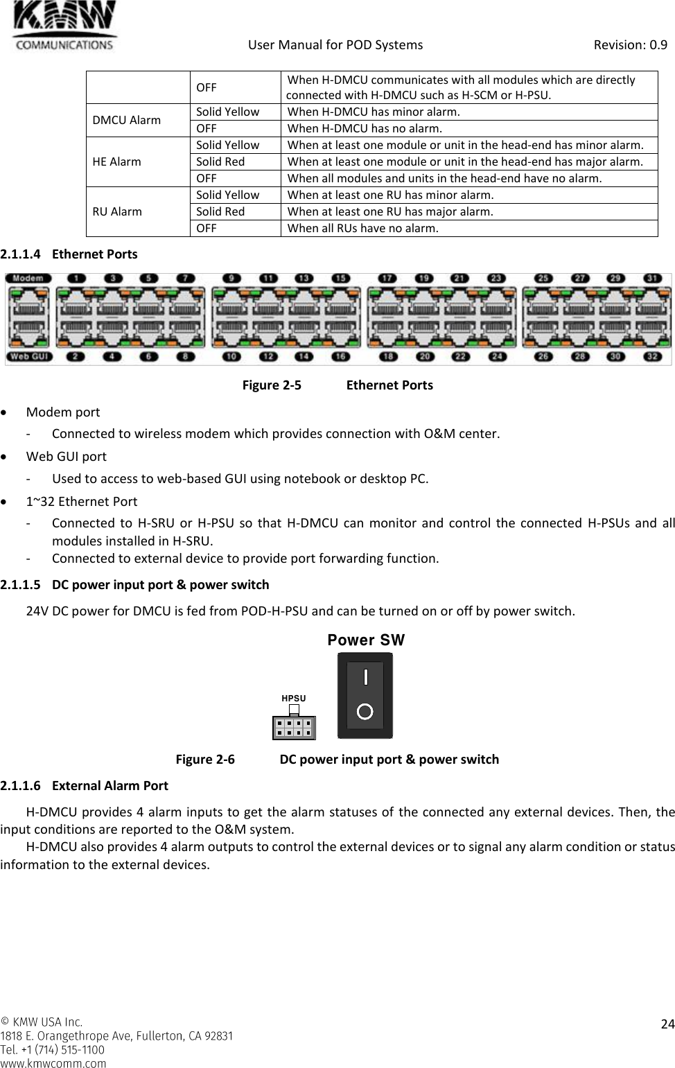            User Manual for POD Systems                                                     Revision: 0.9    24  OFF When H-DMCU communicates with all modules which are directly connected with H-DMCU such as H-SCM or H-PSU. DMCU Alarm Solid Yellow When H-DMCU has minor alarm. OFF When H-DMCU has no alarm. HE Alarm Solid Yellow When at least one module or unit in the head-end has minor alarm. Solid Red When at least one module or unit in the head-end has major alarm. OFF When all modules and units in the head-end have no alarm. RU Alarm Solid Yellow When at least one RU has minor alarm. Solid Red When at least one RU has major alarm. OFF When all RUs have no alarm. 2.1.1.4 Ethernet Ports  Figure 2-5  Ethernet Ports  Modem port - Connected to wireless modem which provides connection with O&amp;M center.  Web GUI port - Used to access to web-based GUI using notebook or desktop PC.  1~32 Ethernet Port - Connected to H-SRU  or H-PSU so that H-DMCU can monitor and  control  the connected  H-PSUs and all modules installed in H-SRU. - Connected to external device to provide port forwarding function. 2.1.1.5 DC power input port &amp; power switch 24V DC power for DMCU is fed from POD-H-PSU and can be turned on or off by power switch.    Figure 2-6  DC power input port &amp; power switch 2.1.1.6 External Alarm Port H-DMCU provides 4 alarm inputs to get the alarm statuses of  the connected any external devices. Then, the input conditions are reported to the O&amp;M system. H-DMCU also provides 4 alarm outputs to control the external devices or to signal any alarm condition or status information to the external devices.  HPSUPower SW