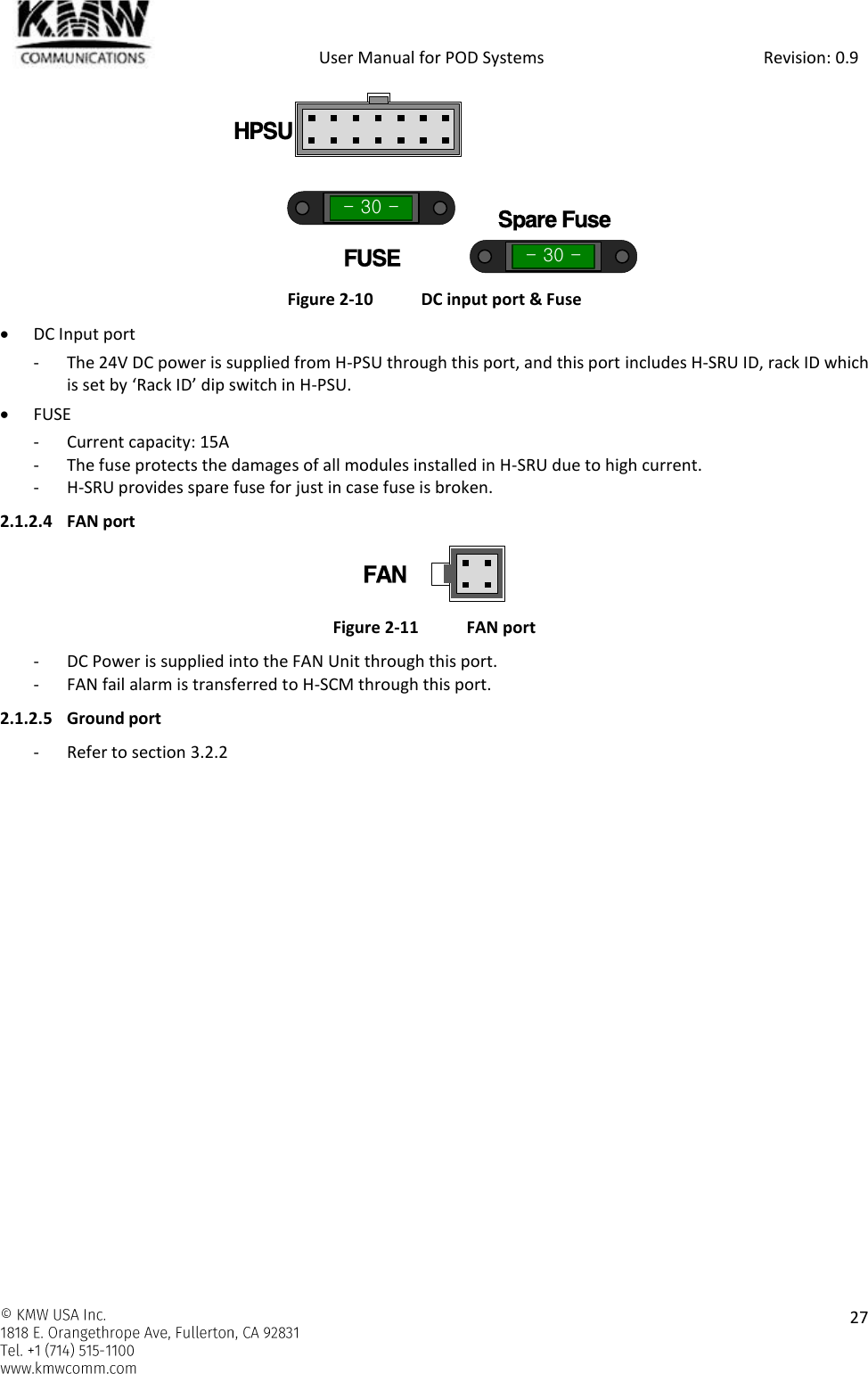            User Manual for POD Systems                                                     Revision: 0.9    27   Figure 2-10  DC input port &amp; Fuse  DC Input port - The 24V DC power is supplied from H-PSU through this port, and this port includes H-SRU ID, rack ID which is set by ‘Rack ID’ dip switch in H-PSU.  FUSE - Current capacity: 15A - The fuse protects the damages of all modules installed in H-SRU due to high current. - H-SRU provides spare fuse for just in case fuse is broken. 2.1.2.4 FAN port  Figure 2-11  FAN port - DC Power is supplied into the FAN Unit through this port. - FAN fail alarm is transferred to H-SCM through this port. 2.1.2.5 Ground port - Refer to section 3.2.2   - 30 -HPSUFUSE- 30 -Spare FuseFAN