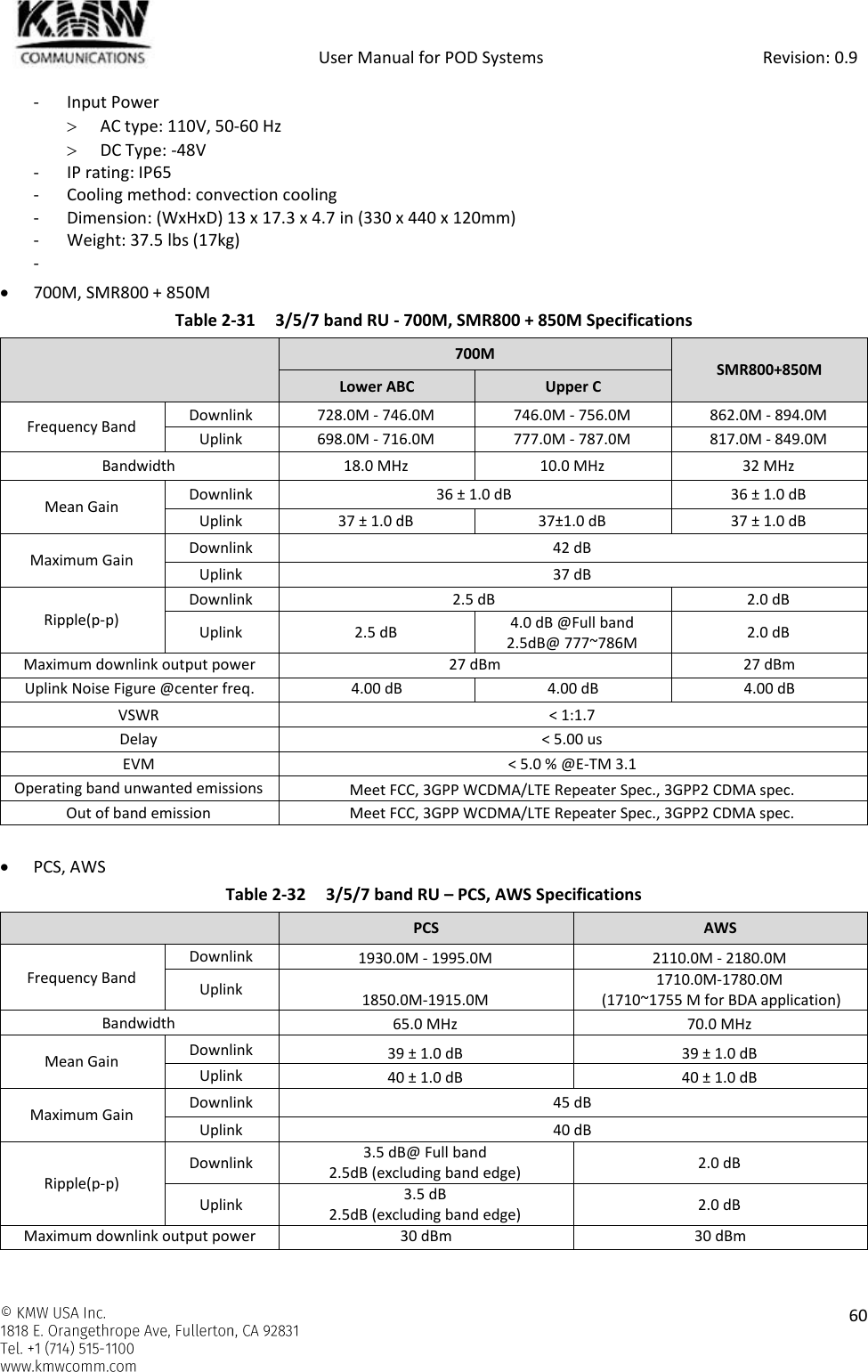            User Manual for POD Systems                                                     Revision: 0.9    60  - Input Power  AC type: 110V, 50-60 Hz  DC Type: -48V - IP rating: IP65 - Cooling method: convection cooling - Dimension: (WxHxD) 13 x 17.3 x 4.7 in (330 x 440 x 120mm) - Weight: 37.5 lbs (17kg) -   700M, SMR800 + 850M Table 2-31  3/5/7 band RU - 700M, SMR800 + 850M Specifications  700M SMR800+850M Lower ABC Upper C Frequency Band Downlink 728.0M - 746.0M 746.0M - 756.0M 862.0M - 894.0M Uplink 698.0M - 716.0M 777.0M - 787.0M 817.0M - 849.0M Bandwidth 18.0 MHz 10.0 MHz 32 MHz Mean Gain Downlink 36 ± 1.0 dB 36 ± 1.0 dB Uplink 37 ± 1.0 dB 37±1.0 dB 37 ± 1.0 dB Maximum Gain Downlink 42 dB Uplink 37 dB Ripple(p-p) Downlink 2.5 dB 2.0 dB Uplink 2.5 dB 4.0 dB @Full band 2.5dB@ 777~786M 2.0 dB Maximum downlink output power 27 dBm 27 dBm Uplink Noise Figure @center freq. 4.00 dB 4.00 dB 4.00 dB VSWR &lt; 1:1.7 Delay &lt; 5.00 us EVM &lt; 5.0 % @E-TM 3.1 Operating band unwanted emissions Meet FCC, 3GPP WCDMA/LTE Repeater Spec., 3GPP2 CDMA spec. Out of band emission Meet FCC, 3GPP WCDMA/LTE Repeater Spec., 3GPP2 CDMA spec.   PCS, AWS Table 2-32  3/5/7 band RU – PCS, AWS Specifications  PCS AWS Frequency Band Downlink 1930.0M - 1995.0M 2110.0M - 2180.0M Uplink 1850.0M-1915.0M 1710.0M-1780.0M  (1710~1755 M for BDA application) Bandwidth 65.0 MHz 70.0 MHz Mean Gain Downlink 39 ± 1.0 dB 39 ± 1.0 dB Uplink 40 ± 1.0 dB 40 ± 1.0 dB Maximum Gain Downlink 45 dB Uplink 40 dB Ripple(p-p) Downlink 3.5 dB@ Full band 2.5dB (excluding band edge) 2.0 dB Uplink 3.5 dB 2.5dB (excluding band edge) 2.0 dB Maximum downlink output power 30 dBm 30 dBm 