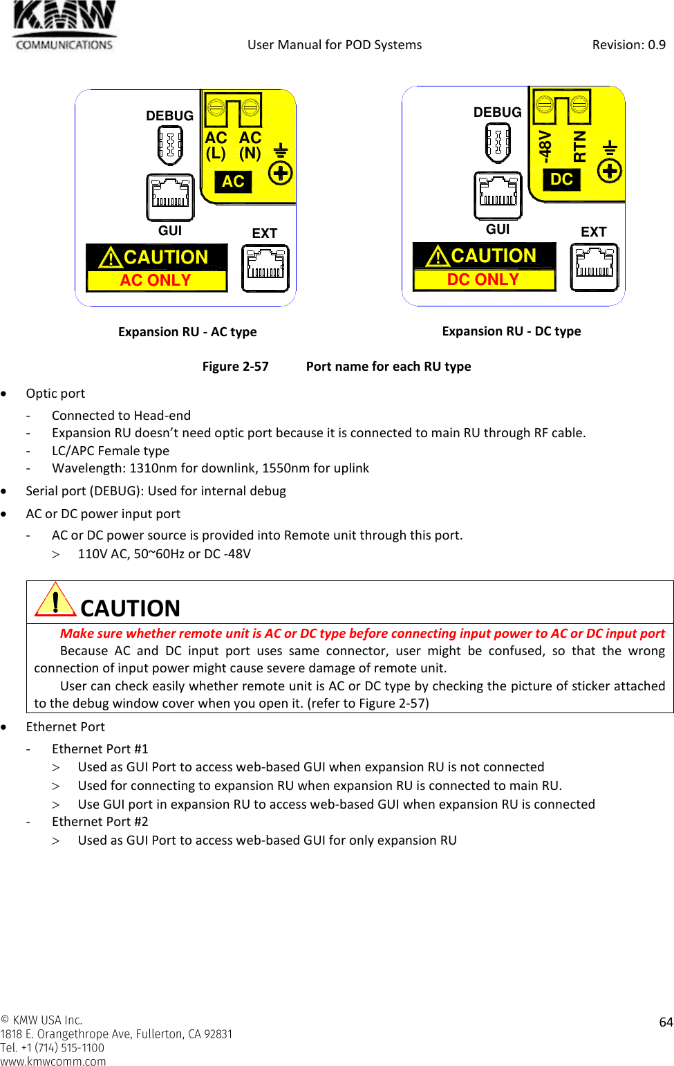            User Manual for POD Systems                                                     Revision: 0.9    64   Expansion RU - AC type  Expansion RU - DC type Figure 2-57  Port name for each RU type  Optic port - Connected to Head-end - Expansion RU doesn’t need optic port because it is connected to main RU through RF cable. - LC/APC Female type - Wavelength: 1310nm for downlink, 1550nm for uplink  Serial port (DEBUG): Used for internal debug  AC or DC power input port - AC or DC power source is provided into Remote unit through this port.  110V AC, 50~60Hz or DC -48V   CAUTION Make sure whether remote unit is AC or DC type before connecting input power to AC or DC input port  Because  AC  and  DC  input  port  uses  same  connector,  user  might  be  confused,  so  that  the  wrong connection of input power might cause severe damage of remote unit. User can check easily whether remote unit is AC or DC type by checking the picture of sticker attached to the debug window cover when you open it. (refer to Figure 2-57)  Ethernet Port - Ethernet Port #1  Used as GUI Port to access web-based GUI when expansion RU is not connected  Used for connecting to expansion RU when expansion RU is connected to main RU.  Use GUI port in expansion RU to access web-based GUI when expansion RU is connected - Ethernet Port #2  Used as GUI Port to access web-based GUI for only expansion RU    GUIACAC ONLYCAUTION  !AC(L) AC(N)EXTDEBUGGUIDCDC ONLYCAUTION  !RTN-48VEXTDEBUG