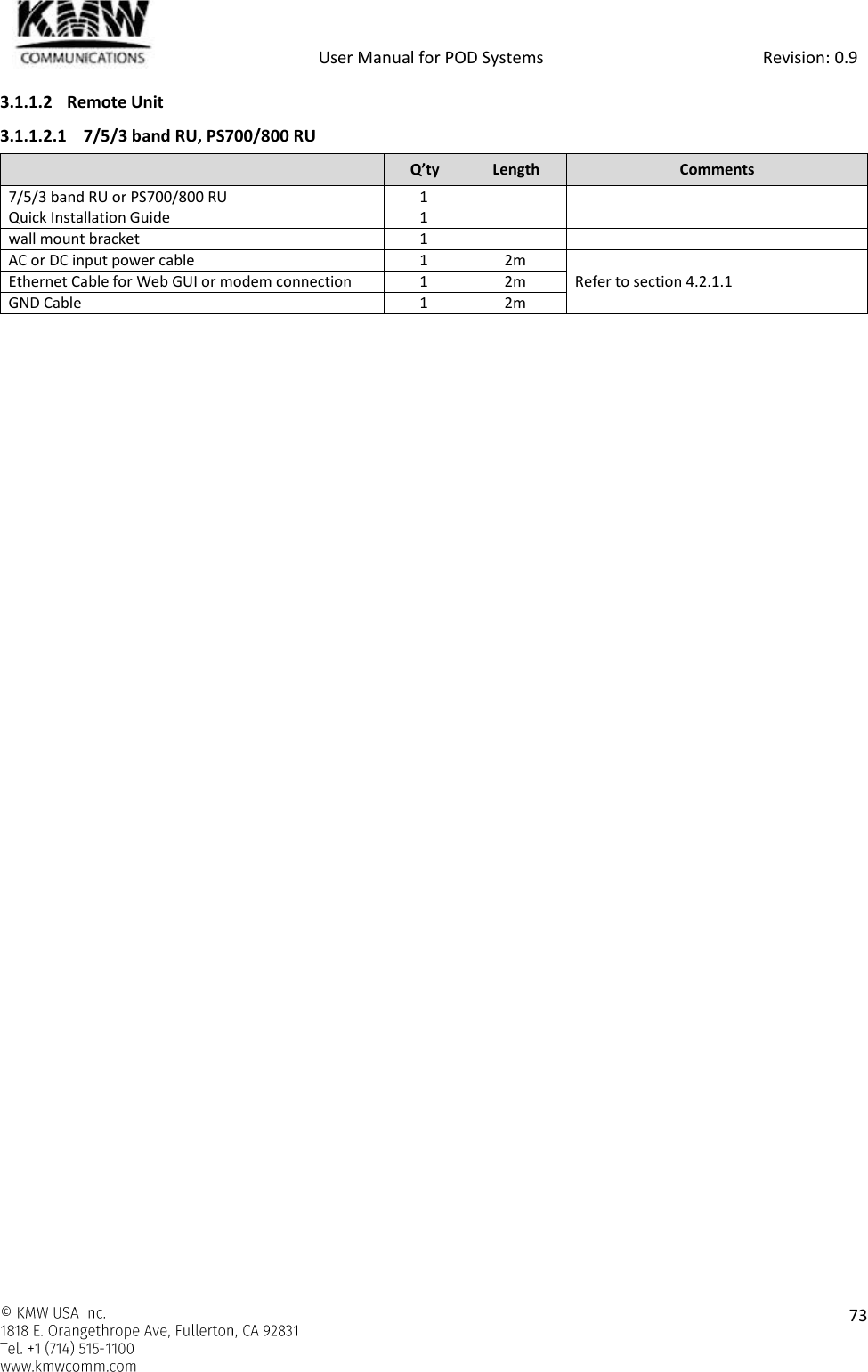            User Manual for POD Systems                                                     Revision: 0.9    73  3.1.1.2 Remote Unit 3.1.1.2.1 7/5/3 band RU, PS700/800 RU  Q’ty Length Comments 7/5/3 band RU or PS700/800 RU 1   Quick Installation Guide 1   wall mount bracket 1   AC or DC input power cable 1 2m Refer to section 4.2.1.1 Ethernet Cable for Web GUI or modem connection 1 2m GND Cable 1 2m    