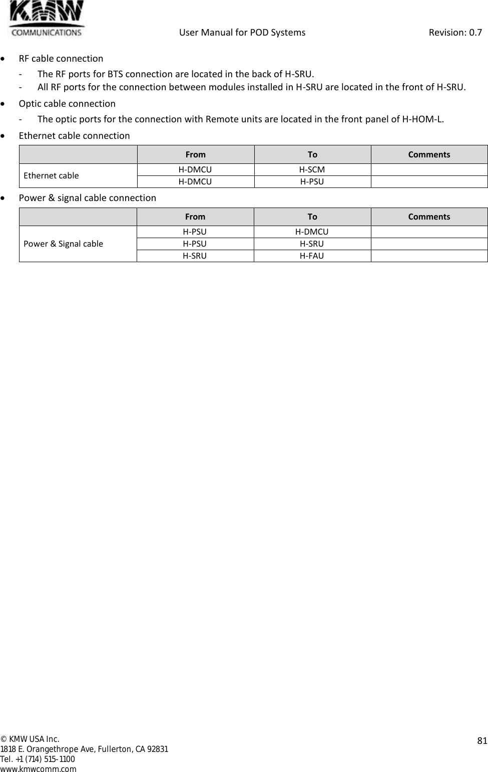            User Manual for POD Systems                                                     Revision: 0.7  ©  KMW USA Inc. 1818 E. Orangethrope Ave, Fullerton, CA 92831 Tel. +1 (714) 515-1100 www.kmwcomm.com  81   RF cable connection - The RF ports for BTS connection are located in the back of H-SRU. - All RF ports for the connection between modules installed in H-SRU are located in the front of H-SRU.  Optic cable connection - The optic ports for the connection with Remote units are located in the front panel of H-HOM-L.  Ethernet cable connection  From To Comments Ethernet cable H-DMCU H-SCM  H-DMCU H-PSU   Power &amp; signal cable connection  From To Comments Power &amp; Signal cable H-PSU H-DMCU  H-PSU  H-SRU  H-SRU H-FAU    