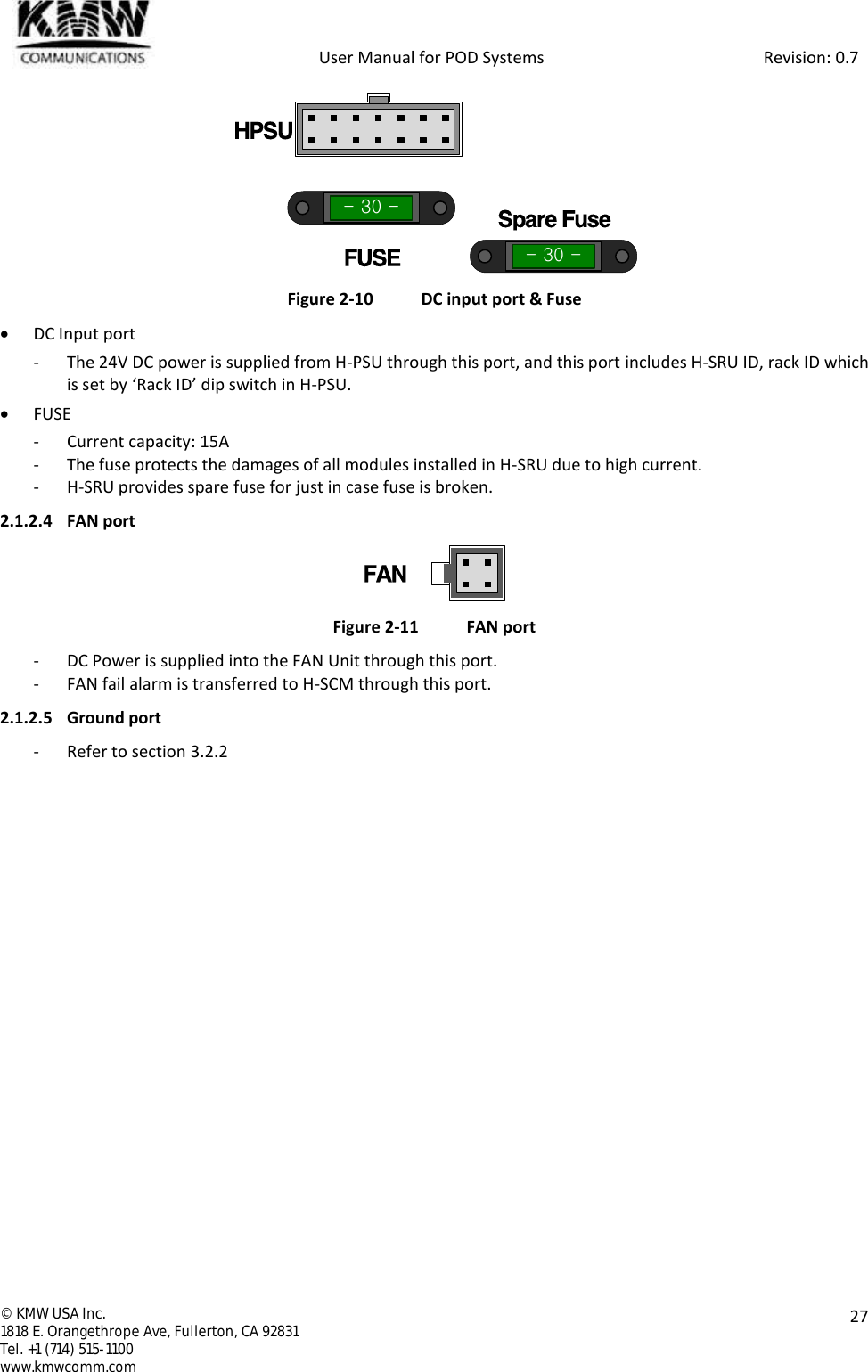            User Manual for POD Systems                                                     Revision: 0.7  ©  KMW USA Inc. 1818 E. Orangethrope Ave, Fullerton, CA 92831 Tel. +1 (714) 515-1100 www.kmwcomm.com  27   Figure 2-10  DC input port &amp; Fuse  DC Input port - The 24V DC power is supplied from H-PSU through this port, and this port includes H-SRU ID, rack ID which is set by ‘Rack ID’ dip switch in H-PSU.  FUSE - Current capacity: 15A - The fuse protects the damages of all modules installed in H-SRU due to high current. - H-SRU provides spare fuse for just in case fuse is broken. 2.1.2.4 FAN port  Figure 2-11  FAN port - DC Power is supplied into the FAN Unit through this port. - FAN fail alarm is transferred to H-SCM through this port. 2.1.2.5 Ground port - Refer to section 3.2.2   - 30 -HPSUFUSE- 30 -Spare FuseFAN