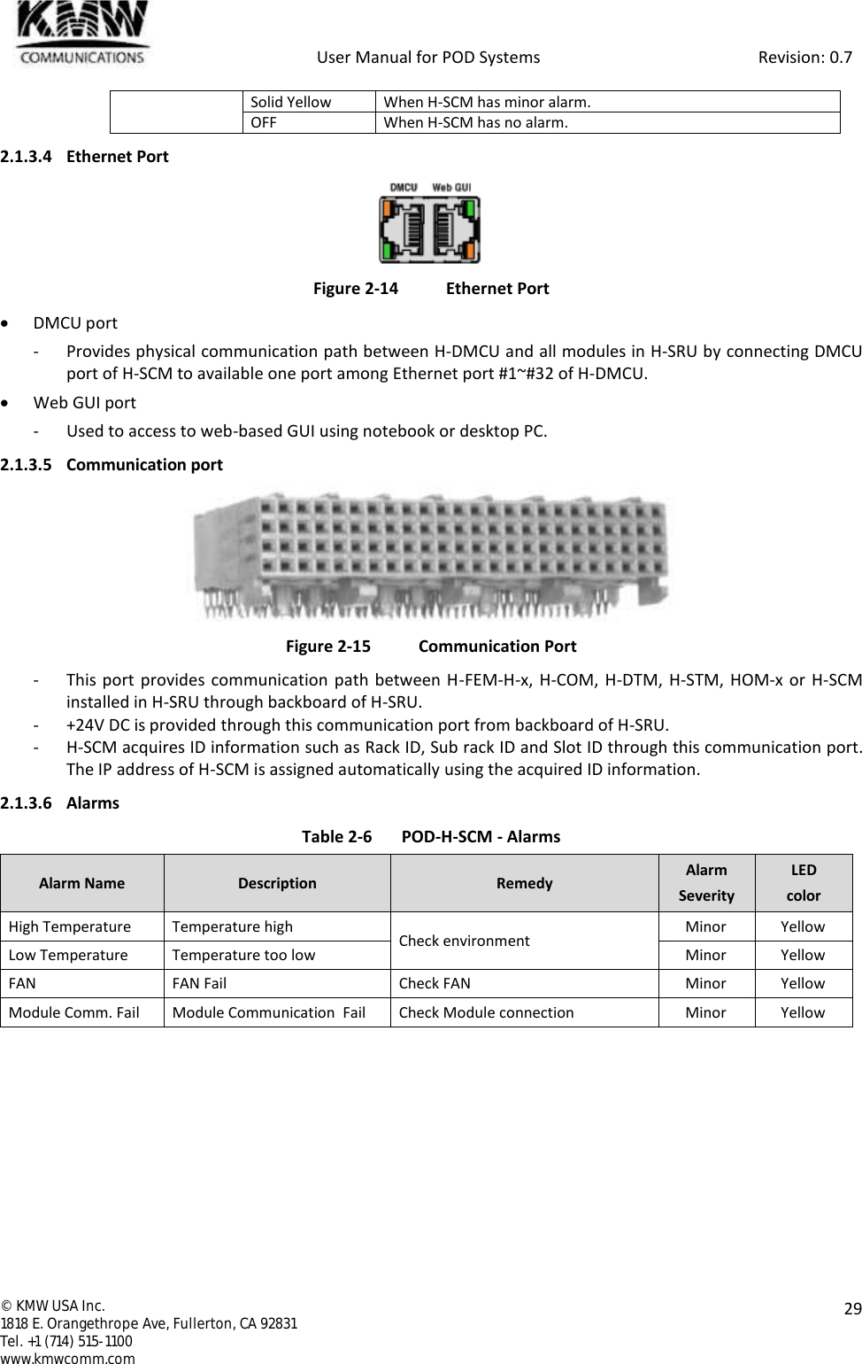            User Manual for POD Systems                                                     Revision: 0.7  ©  KMW USA Inc. 1818 E. Orangethrope Ave, Fullerton, CA 92831 Tel. +1 (714) 515-1100 www.kmwcomm.com  29  Solid Yellow When H-SCM has minor alarm. OFF When H-SCM has no alarm. 2.1.3.4 Ethernet Port  Figure 2-14  Ethernet Port  DMCU port - Provides physical communication path between H-DMCU and all modules in H-SRU by connecting DMCU port of H-SCM to available one port among Ethernet port #1~#32 of H-DMCU.  Web GUI port - Used to access to web-based GUI using notebook or desktop PC. 2.1.3.5 Communication port  Figure 2-15  Communication Port - This port provides communication path between H-FEM-H-x,  H-COM, H-DTM,  H-STM, HOM-x or H-SCM installed in H-SRU through backboard of H-SRU. - +24V DC is provided through this communication port from backboard of H-SRU. - H-SCM acquires ID information such as Rack ID, Sub rack ID and Slot ID through this communication port. The IP address of H-SCM is assigned automatically using the acquired ID information. 2.1.3.6 Alarms Table 2-6  POD-H-SCM - Alarms Alarm Name Description Remedy Alarm Severity LED color High Temperature Temperature high Check environment Minor Yellow Low Temperature Temperature too low Minor Yellow FAN FAN Fail Check FAN Minor Yellow Module Comm. Fail Module Communication  Fail Check Module connection Minor Yellow   