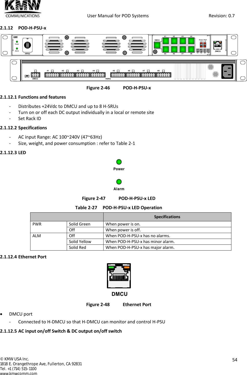            User Manual for POD Systems                                                     Revision: 0.7  ©  KMW USA Inc. 1818 E. Orangethrope Ave, Fullerton, CA 92831 Tel. +1 (714) 515-1100 www.kmwcomm.com  54  2.1.12 POD-H-PSU-x   Figure 2-46 POD-H-PSU-x 2.1.12.1 Functions and features - Distributes +24Vdc to DMCU and up to 8 H-SRUs - Turn on or off each DC output individually in a local or remote site - Set Rack ID 2.1.12.2 Specifications - AC input Range: AC 100~240V (47~63Hz) - Size, weight, and power consumption : refer to Table 2-1 2.1.12.3 LED  Figure 2-47 POD-H-PSU-x LED Table 2-27 POD-H-PSU-x LED Operation  Specifications PWR Solid Green When power is on. Off When power is off. ALM Off When POD-H-PSU-x has no alarms. Solid Yellow When POD-H-PSU-x has minor alarm. Solid Red When POD-H-PSU-x has major alarm. 2.1.12.4 Ethernet Port  Figure 2-48  Ethernet Port  DMCU port - Connected to H-DMCU so that H-DMCU can monitor and control H-PSU 2.1.12.5 AC input on/off Switch &amp; DC output on/off switch DMCUHPSUPowerAlarm#1             #2             #3             #4#5             #6             #7             #8DMCU   #1     #2     #3     #41 2  1 2Group  RackKMW#1 #2  #3  #4  #5   #6  #7 #8   DMCU HSRUPowerAlarmDMCU