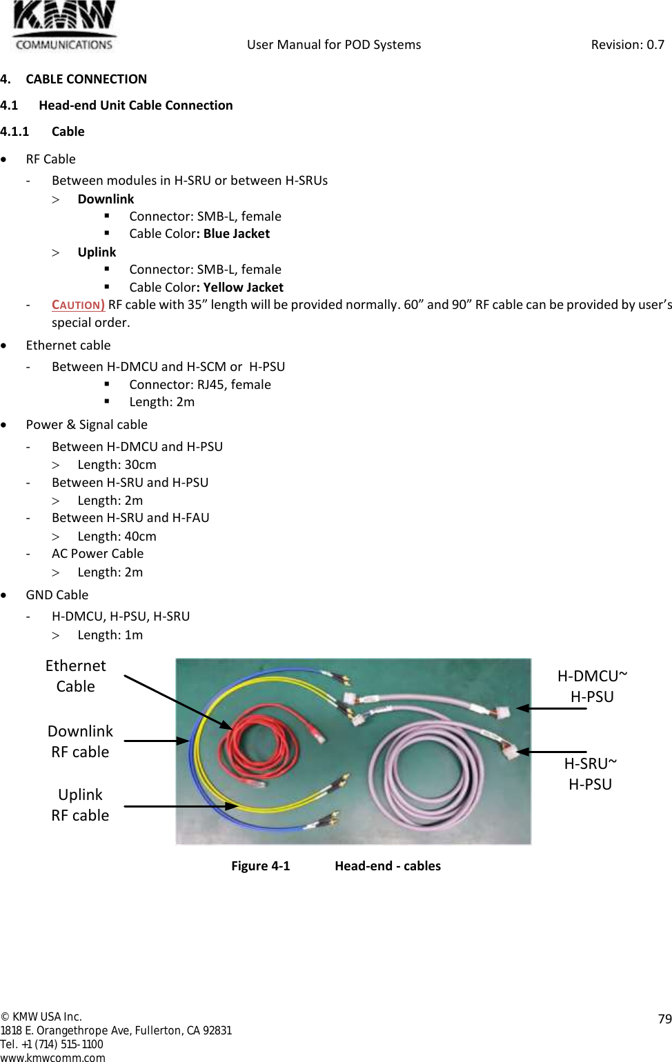            User Manual for POD Systems                                                     Revision: 0.7  ©  KMW USA Inc. 1818 E. Orangethrope Ave, Fullerton, CA 92831 Tel. +1 (714) 515-1100 www.kmwcomm.com  79  4. CABLE CONNECTION 4.1 Head-end Unit Cable Connection 4.1.1 Cable  RF Cable - Between modules in H-SRU or between H-SRUs  Downlink  Connector: SMB-L, female  Cable Color: Blue Jacket  Uplink  Connector: SMB-L, female  Cable Color: Yellow Jacket - CAUTION) RF cable with 35” length will be provided normally. 60” and 90” RF cable can be provided by user’s special order.  Ethernet cable - Between H-DMCU and H-SCM or  H-PSU  Connector: RJ45, female  Length: 2m  Power &amp; Signal cable - Between H-DMCU and H-PSU  Length: 30cm - Between H-SRU and H-PSU  Length: 2m - Between H-SRU and H-FAU  Length: 40cm - AC Power Cable  Length: 2m  GND Cable - H-DMCU, H-PSU, H-SRU  Length: 1m  Figure 4-1  Head-end - cables   DownlinkRF cableUplinkRF cableEthernetCable H-DMCU~H-PSUH-SRU~H-PSU