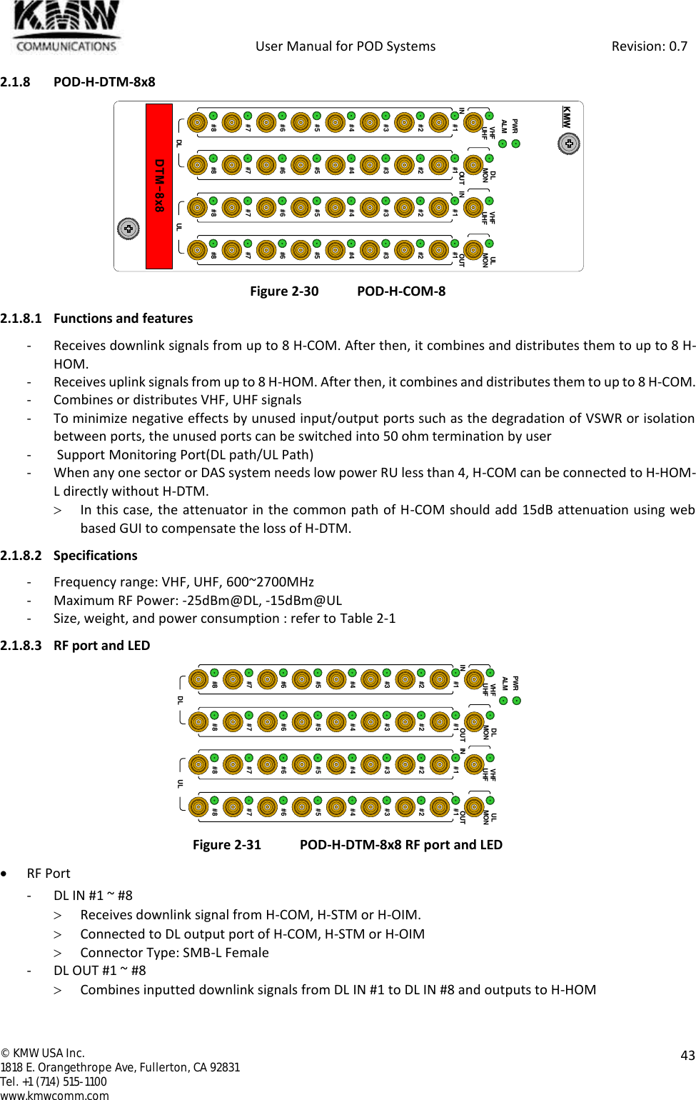            User Manual for POD Systems                                                     Revision: 0.7  ©  KMW USA Inc. 1818 E. Orangethrope Ave, Fullerton, CA 92831 Tel. +1 (714) 515-1100 www.kmwcomm.com  43  2.1.8 POD-H-DTM-8x8  Figure 2-30 POD-H-COM-8 2.1.8.1 Functions and features - Receives downlink signals from up to 8 H-COM. After then, it combines and distributes them to up to 8 H-HOM. - Receives uplink signals from up to 8 H-HOM. After then, it combines and distributes them to up to 8 H-COM. - Combines or distributes VHF, UHF signals  - To minimize negative effects by unused input/output ports such as the degradation of VSWR or isolation between ports, the unused ports can be switched into 50 ohm termination by user -  Support Monitoring Port(DL path/UL Path) - When any one sector or DAS system needs low power RU less than 4, H-COM can be connected to H-HOM-L directly without H-DTM.  In this case, the attenuator in the common path of H-COM should add 15dB attenuation using web based GUI to compensate the loss of H-DTM. 2.1.8.2 Specifications - Frequency range: VHF, UHF, 600~2700MHz - Maximum RF Power: -25dBm@DL, -15dBm@UL - Size, weight, and power consumption : refer to Table 2-1 2.1.8.3 RF port and LED  Figure 2-31 POD-H-DTM-8x8 RF port and LED  RF Port - DL IN #1 ~ #8  Receives downlink signal from H-COM, H-STM or H-OIM.  Connected to DL output port of H-COM, H-STM or H-OIM  Connector Type: SMB-L Female - DL OUT #1 ~ #8  Combines inputted downlink signals from DL IN #1 to DL IN #8 and outputs to H-HOM DTM-8x8PWRALMKMWVHFUHF#1#2#3#4#5#6#7#8#1#2#3#4#5#6#7#8DLMONDL ULVHFUHF#1#2#3#4#5#6#7#8#1#2#3#4#5#6#7#8ULMONIN OUT IN OUTPWRALMVHFUHF#1#2#3#4#5#6#7#8#1#2#3#4#5#6#7#8DLMONDL ULVHFUHF#1#2#3#4#5#6#7#8#1#2#3#4#5#6#7#8ULMONIN OUT IN OUT