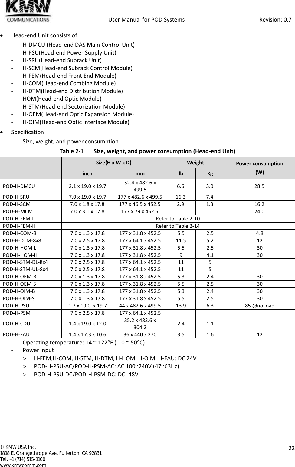            User Manual for POD Systems                                                     Revision: 0.7  ©  KMW USA Inc. 1818 E. Orangethrope Ave, Fullerton, CA 92831 Tel. +1 (714) 515-1100 www.kmwcomm.com  22   Head-end Unit consists of - H-DMCU (Head-end DAS Main Control Unit) - H-PSU(Head-end Power Supply Unit) - H-SRU(Head-end Subrack Unit) - H-SCM(Head-end Subrack Control Module) - H-FEM(Head-end Front End Module) - H-COM(Head-end Combing Module) - H-DTM(Head-end Distribution Module) - HOM(Head-end Optic Module) - H-STM(Head-end Sectorization Module) - H-OEM(Head-end Optic Expansion Module) - H-OIM(Head-end Optic Interface Module)  Specification - Size, weight, and power consumption Table 2-1  Size, weight, and power consumption (Head-end Unit)  Size(H x W x D) Weight Power consumption (W) inch mm lb Kg POD-H-DMCU 2.1 x 19.0 x 19.7 52.4 x 482.6 x 499.5 6.6 3.0 28.5 POD-H-SRU 7.0 x 19.0 x 19.7 177 x 482.6 x 499.5 16.3 7.4  POD-H-SCM 7.0 x 1.8 x 17.8 177 x 46.5 x 452.5 2.9 1.3 16.2 POD-H-MCM 7.0 x 3.1 x 17.8 177 x 79 x 452.5   24.0 POD-H-FEM-L Refer to Table 2-10 POD-H-FEM-H Refer to Table 2-14 POD-H-COM-8 7.0 x 1.3 x 17.8 177 x 31.8 x 452.5 5.5 2.5 4.8 POD-H-DTM-8x8 7.0 x 2.5 x 17.8 177 x 64.1 x 452.5 11.5 5.2 12 POD-H-HOM-L 7.0 x 1.3 x 17.8 177 x 31.8 x 452.5 5.5 2.5 30 POD-H-HOM-H 7.0 x 1.3 x 17.8 177 x 31.8 x 452.5 9 4.1 30 POD-H-STM-DL-8x4 7.0 x 2.5 x 17.8 177 x 64.1 x 452.5 11 5  POD-H-STM-UL-8x4 7.0 x 2.5 x 17.8 177 x 64.1 x 452.5 11 5  POD-H-OEM-B 7.0 x 1.3 x 17.8 177 x 31.8 x 452.5 5.3 2.4 30 POD-H-OEM-S 7.0 x 1.3 x 17.8 177 x 31.8 x 452.5 5.5 2.5 30 POD-H-OIM-B 7.0 x 1.3 x 17.8 177 x 31.8 x 452.5 5.3 2.4 30 POD-H-OIM-S 7.0 x 1.3 x 17.8 177 x 31.8 x 452.5 5.5 2.5 30 POD-H-PSU 1.7 x 19.0  x 19.7 44 x 482.6 x 499.5 13.9 6.3 85 @no load POD-H-PSM 7.0 x 2.5 x 17.8 177 x 64.1 x 452.5    POD-H-CDU 1.4 x 19.0 x 12.0 35.2 x 482.6 x 304.2 2.4 1.1  POD-H-FAU 1.4 x 17.3 x 10.6 36 x 440 x 270 3.5 1.6 12 - Operating temperature: 14 ~ 122F (-10 ~ 50C) - Power input  H-FEM,H-COM, H-STM, H-DTM, H-HOM, H-OIM, H-FAU: DC 24V  POD-H-PSU-AC/POD-H-PSM-AC: AC 100~240V (47~63Hz)  POD-H-PSU-DC/POD-H-PSM-DC: DC -48V    