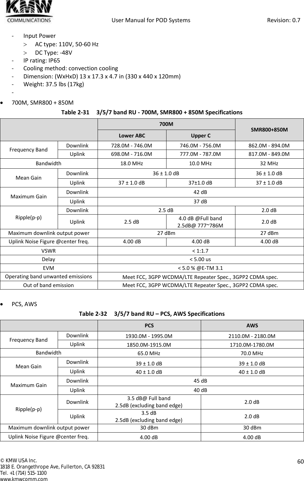            User Manual for POD Systems                                                     Revision: 0.7  ©  KMW USA Inc. 1818 E. Orangethrope Ave, Fullerton, CA 92831 Tel. +1 (714) 515-1100 www.kmwcomm.com  60  - Input Power  AC type: 110V, 50-60 Hz  DC Type: -48V - IP rating: IP65 - Cooling method: convection cooling - Dimension: (WxHxD) 13 x 17.3 x 4.7 in (330 x 440 x 120mm) - Weight: 37.5 lbs (17kg) -   700M, SMR800 + 850M Table 2-31  3/5/7 band RU - 700M, SMR800 + 850M Specifications  700M SMR800+850M Lower ABC Upper C Frequency Band Downlink 728.0M - 746.0M 746.0M - 756.0M 862.0M - 894.0M Uplink 698.0M - 716.0M 777.0M - 787.0M 817.0M - 849.0M Bandwidth 18.0 MHz 10.0 MHz 32 MHz Mean Gain Downlink 36 ± 1.0 dB 36 ± 1.0 dB Uplink 37 ± 1.0 dB 37±1.0 dB 37 ± 1.0 dB Maximum Gain Downlink 42 dB Uplink 37 dB Ripple(p-p) Downlink 2.5 dB 2.0 dB Uplink 2.5 dB 4.0 dB @Full band 2.5dB@ 777~786M 2.0 dB Maximum downlink output power 27 dBm 27 dBm Uplink Noise Figure @center freq. 4.00 dB 4.00 dB 4.00 dB VSWR &lt; 1:1.7 Delay &lt; 5.00 us EVM &lt; 5.0 % @E-TM 3.1 Operating band unwanted emissions Meet FCC, 3GPP WCDMA/LTE Repeater Spec., 3GPP2 CDMA spec. Out of band emission Meet FCC, 3GPP WCDMA/LTE Repeater Spec., 3GPP2 CDMA spec.   PCS, AWS Table 2-32  3/5/7 band RU – PCS, AWS Specifications  PCS AWS Frequency Band Downlink 1930.0M - 1995.0M 2110.0M - 2180.0M Uplink 1850.0M-1915.0M 1710.0M-1780.0M Bandwidth 65.0 MHz 70.0 MHz Mean Gain Downlink 39 ± 1.0 dB 39 ± 1.0 dB Uplink 40 ± 1.0 dB 40 ± 1.0 dB Maximum Gain Downlink 45 dB Uplink 40 dB Ripple(p-p) Downlink 3.5 dB@ Full band 2.5dB (excluding band edge) 2.0 dB Uplink 3.5 dB 2.5dB (excluding band edge) 2.0 dB Maximum downlink output power 30 dBm 30 dBm Uplink Noise Figure @center freq. 4.00 dB 4.00 dB 