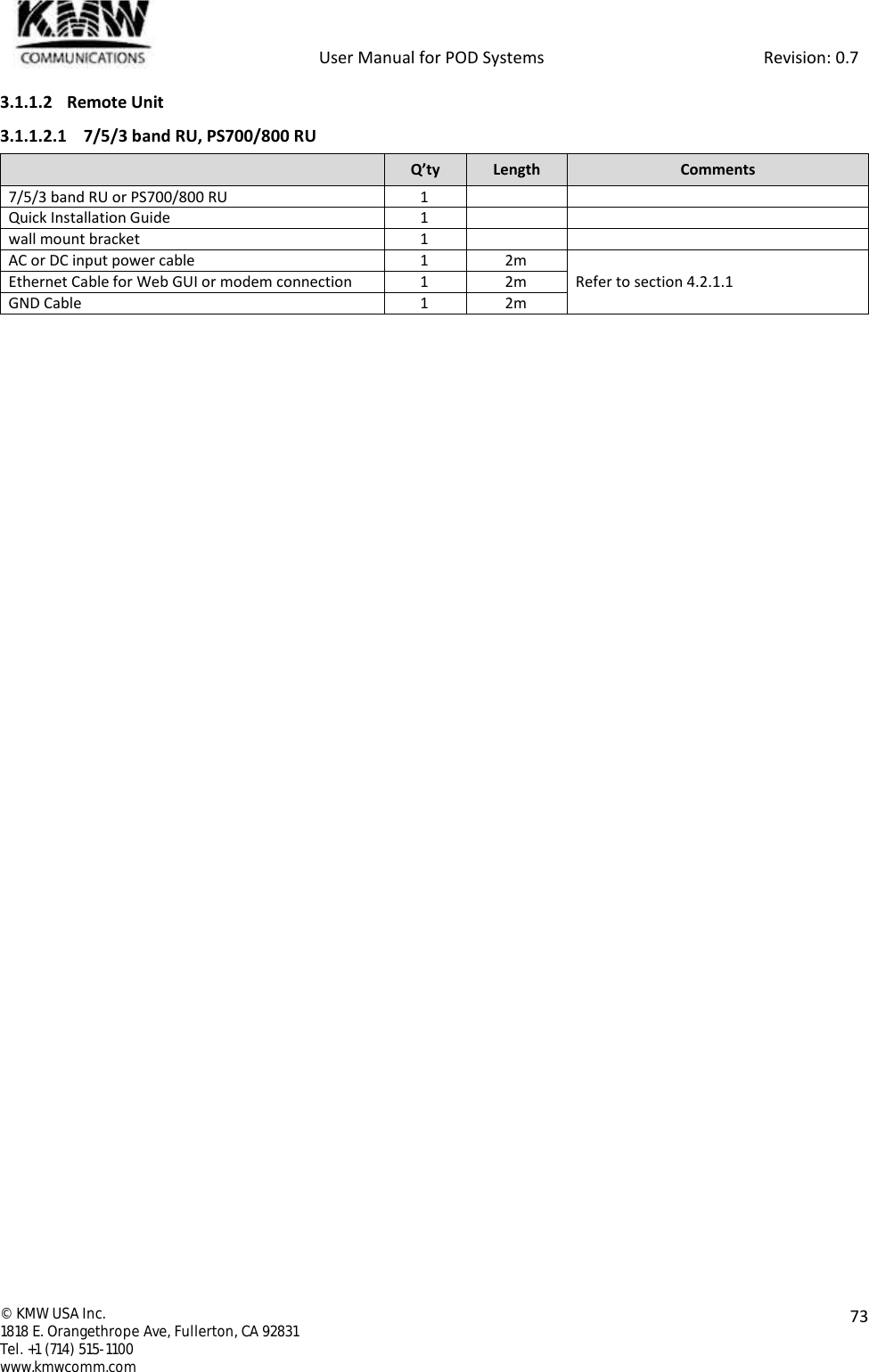            User Manual for POD Systems                                                     Revision: 0.7  ©  KMW USA Inc. 1818 E. Orangethrope Ave, Fullerton, CA 92831 Tel. +1 (714) 515-1100 www.kmwcomm.com  73  3.1.1.2 Remote Unit 3.1.1.2.1 7/5/3 band RU, PS700/800 RU  Q’ty Length Comments 7/5/3 band RU or PS700/800 RU 1   Quick Installation Guide 1   wall mount bracket 1   AC or DC input power cable 1 2m Refer to section 4.2.1.1 Ethernet Cable for Web GUI or modem connection 1 2m GND Cable 1 2m    