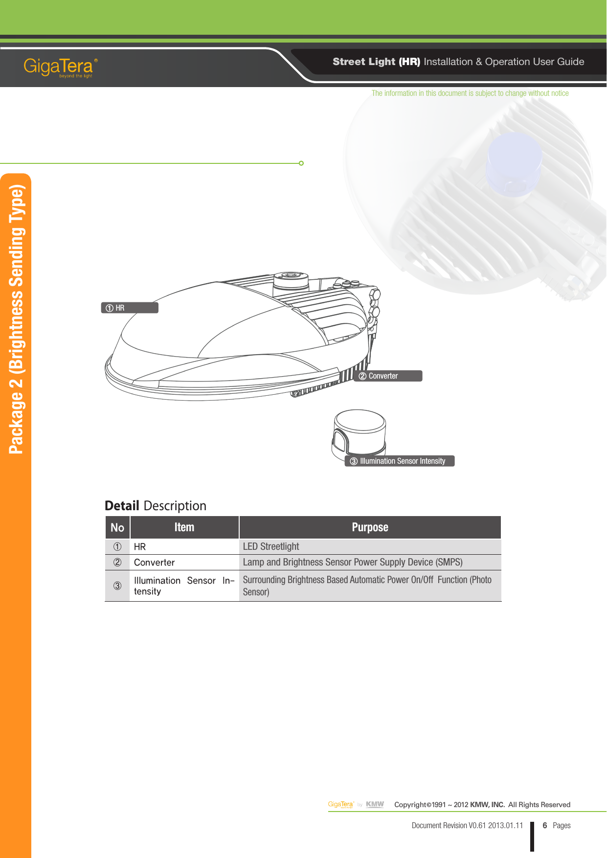 The information in this document is subject to change without noticeCopyright   1991 ~ 2012 KMW, INC.  All Rights Reserved©6Document Revision V0.61 2013.01.11 PagesRStreet Light (HR) Installation &amp; Operation User Guide③ Illumination Sensor IntensityDetail DescriptionNo Item Purpose① HRLED Streetlight② ConverterLamp and Brightness Sensor Power Supply Device (SMPS)③Illumination  Sensor  In-tensitySurrounding Brightness Based Automatic Power On/Off  Function (Photo Sensor)Package 2 (Brightness Sending Type)① HR② Converter