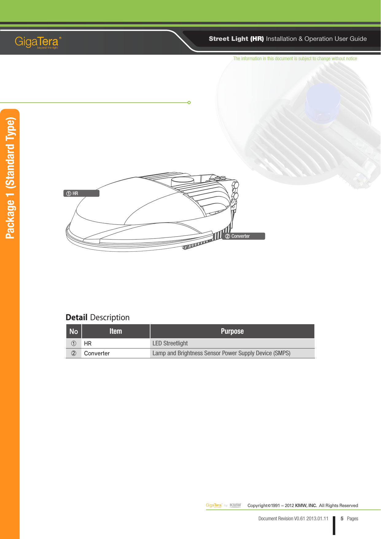 The information in this document is subject to change without noticeCopyright   1991 ~ 2012 KMW, INC.  All Rights Reserved©5Document Revision V0.61 2013.01.11 PagesRStreet Light (HR) Installation &amp; Operation User Guide① HR② ConverterDetail DescriptionNo Item Purpose① HRLED Streetlight② ConverterLamp and Brightness Sensor Power Supply Device (SMPS)Package 1 (Standard Type)