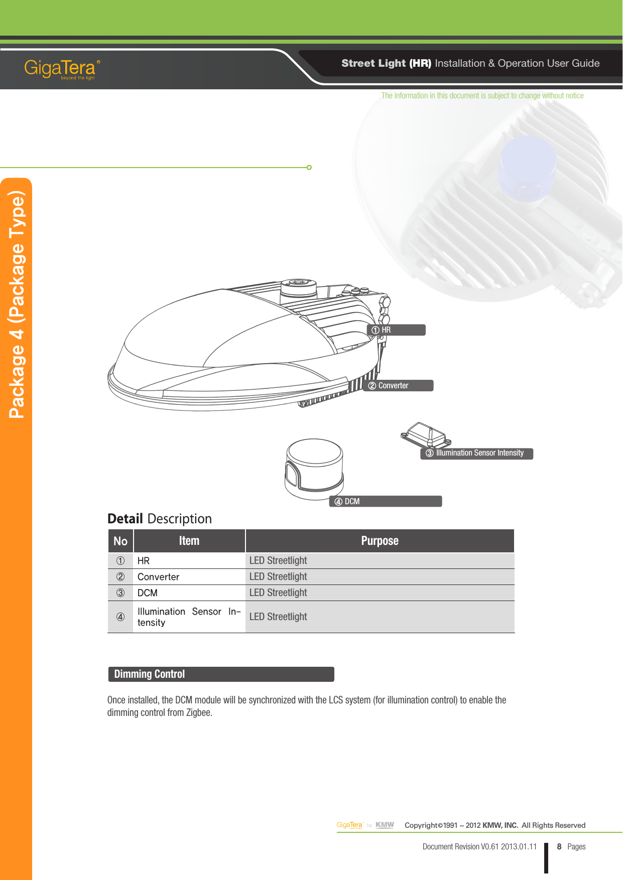 The information in this document is subject to change without noticeCopyright   1991 ~ 2012 KMW, INC.  All Rights Reserved©8Document Revision V0.61 2013.01.11 PagesRStreet Light (HR) Installation &amp; Operation User Guide③ Illumination Sensor Intensity② ConverterDetail DescriptionNo Item Purpose① HRLED Streetlight② ConverterLED Streetlight③ DCMLED Streetlight④Illumination  Sensor  In-tensityLED StreetlightPackage 4 (Package Type)Dimming ControlOnce installed, the DCM module will be synchronized with the LCS system (for illumination control) to enable the dimming control from Zigbee.④ DCM① HR